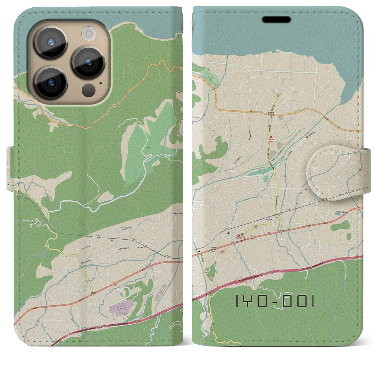【伊予土居(愛媛県)】地図柄iPhoneケース(手帳タイプ)ナチュラル・iPhone 14 Pro Max 用