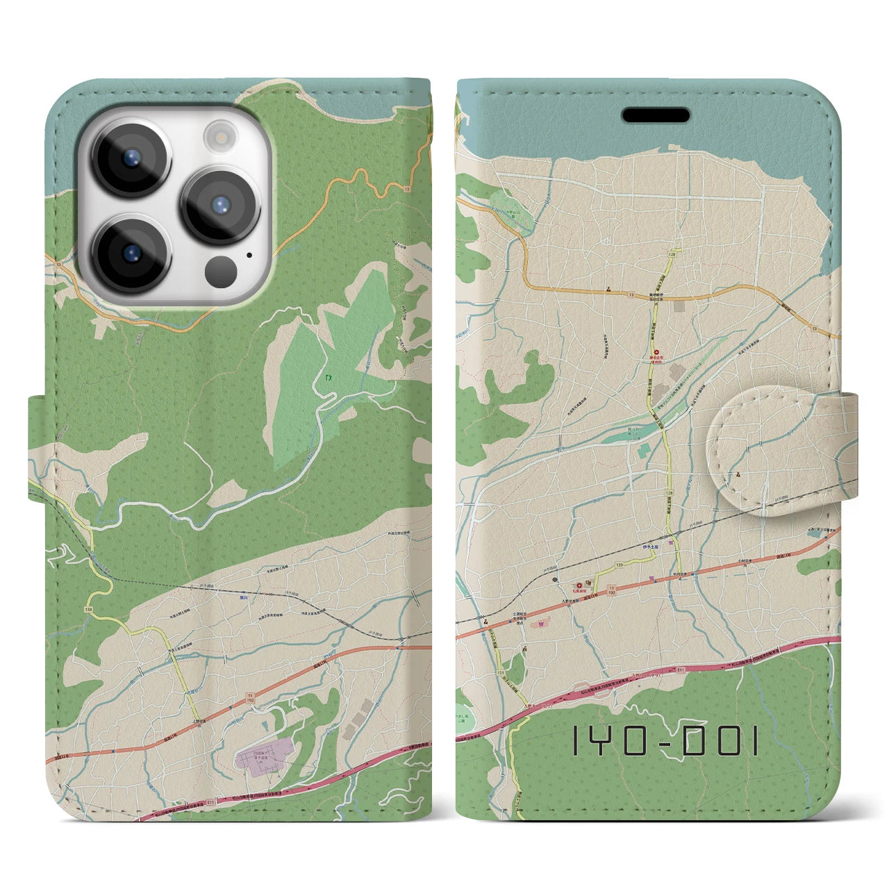 【伊予土居(愛媛県)】地図柄iPhoneケース(手帳タイプ)ナチュラル・iPhone 14 Pro 用