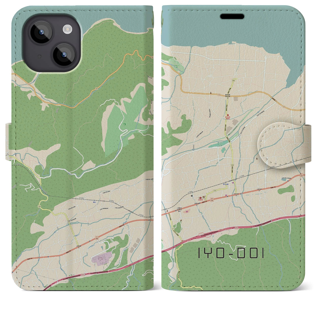 【伊予土居(愛媛県)】地図柄iPhoneケース(手帳タイプ)ナチュラル・iPhone 14 Plus 用