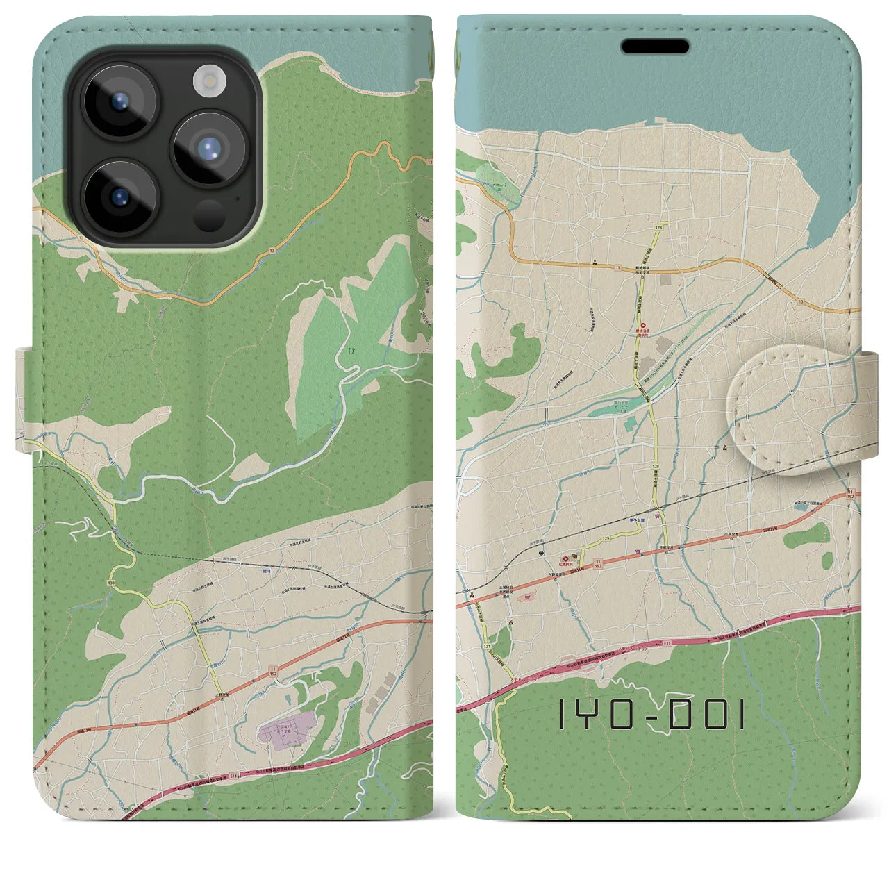 【伊予土居(愛媛県)】地図柄iPhoneケース(手帳タイプ)ナチュラル・iPhone 15 Pro Max 用
