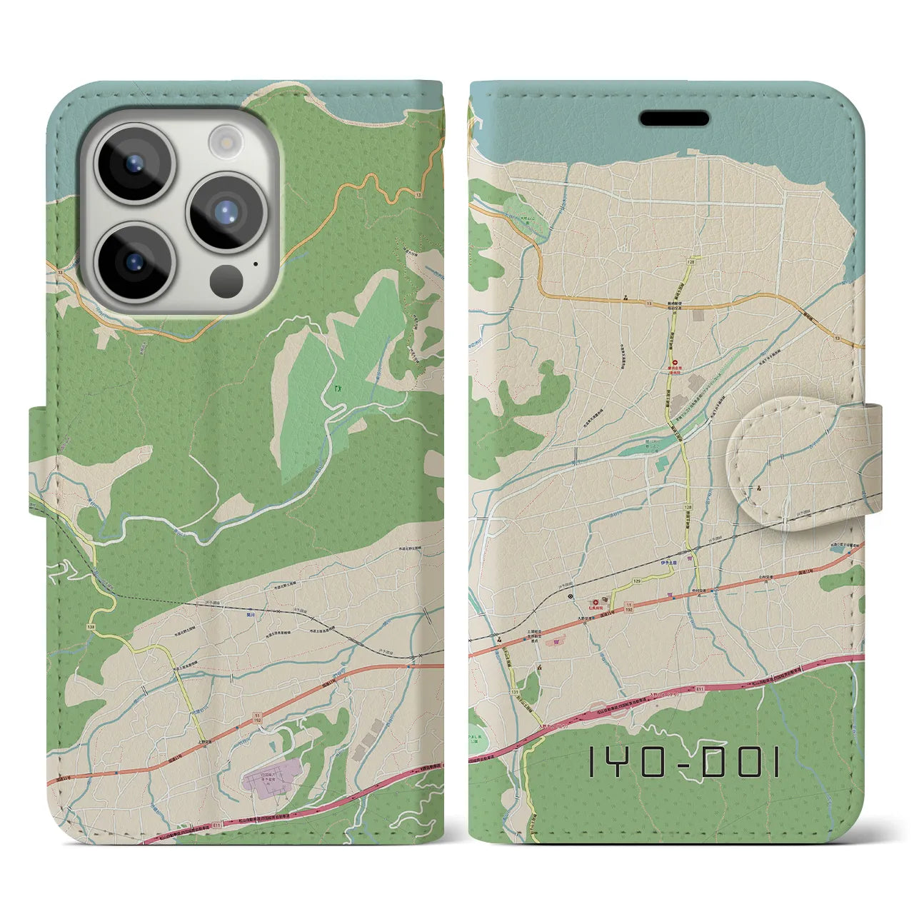 【伊予土居(愛媛県)】地図柄iPhoneケース(手帳タイプ)ナチュラル・iPhone 15 Pro 用