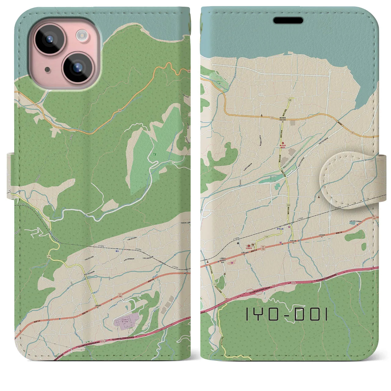 【伊予土居(愛媛県)】地図柄iPhoneケース(手帳タイプ)ナチュラル・iPhone 15 Plus 用