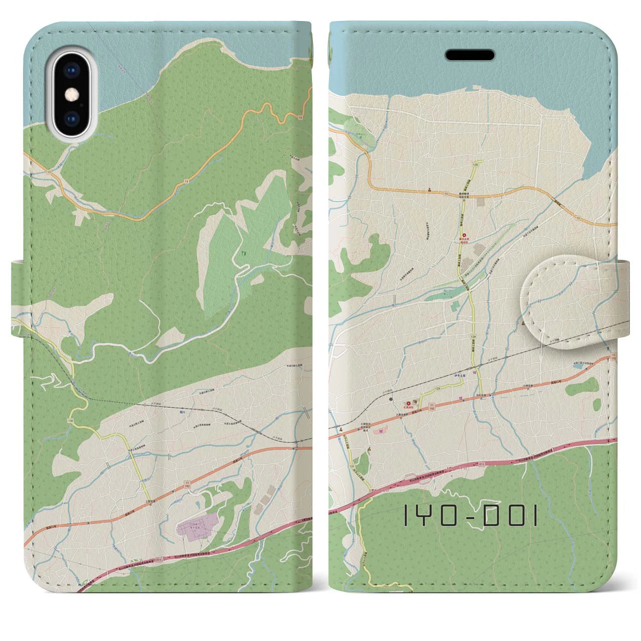 【伊予土居(愛媛県)】地図柄iPhoneケース(手帳タイプ)ナチュラル・iPhone XS Max 用