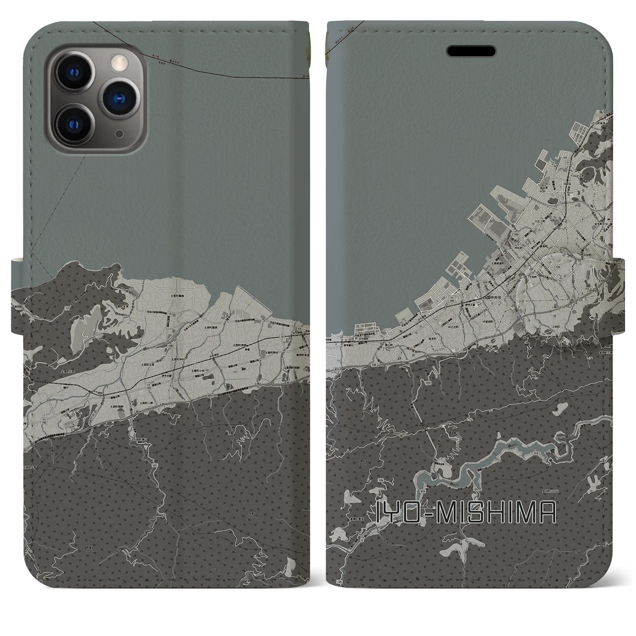 【伊予三島(愛媛県)】地図柄iPhoneケース(手帳タイプ)モノトーン・iPhone 11 Pro Max 用