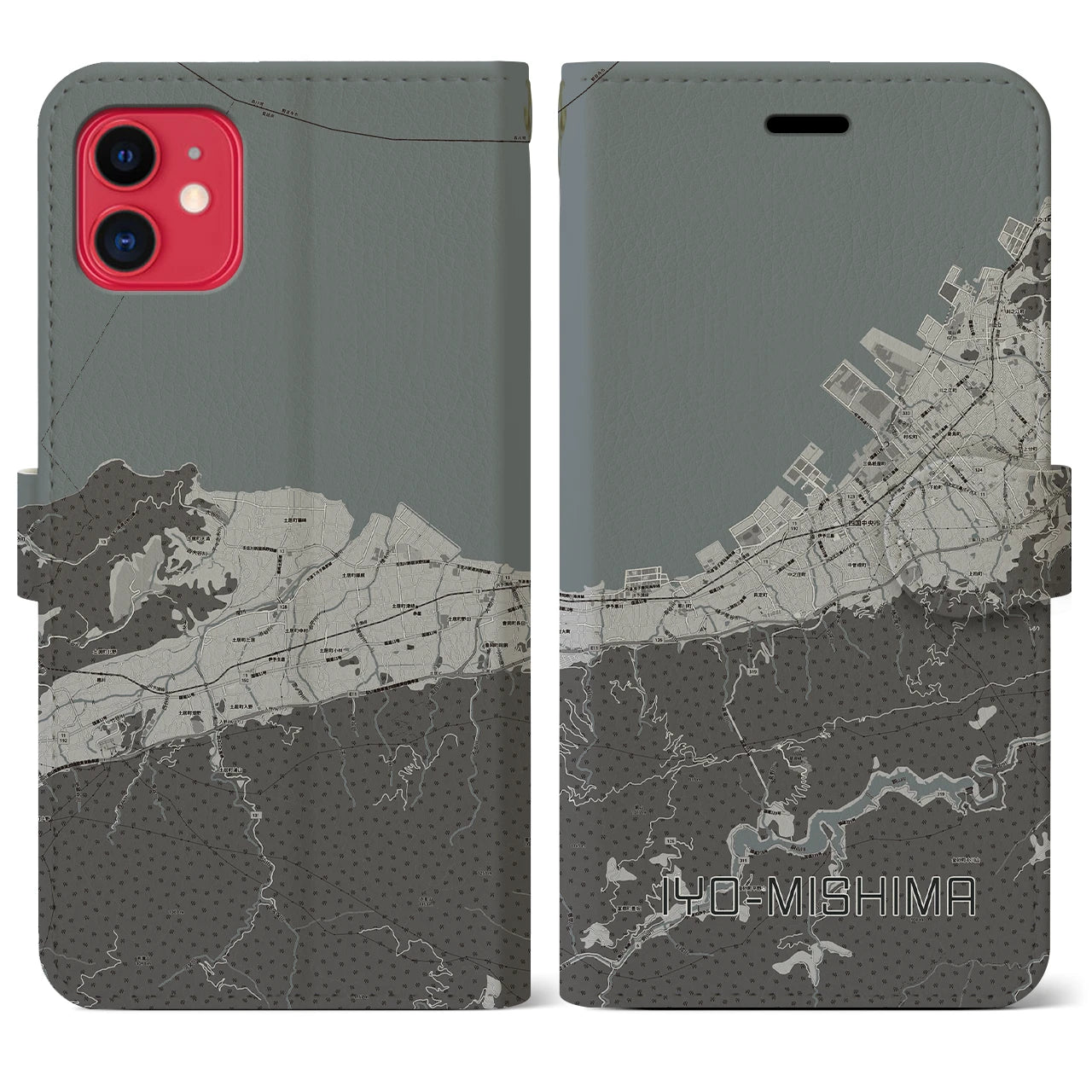 【伊予三島(愛媛県)】地図柄iPhoneケース(手帳タイプ)モノトーン・iPhone 11 用