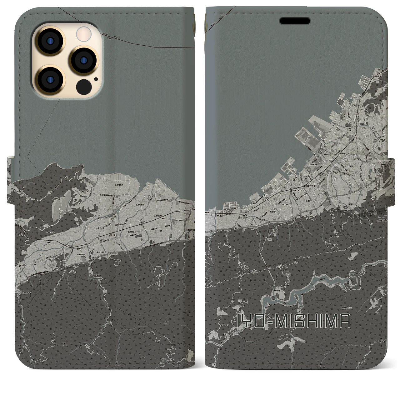 【伊予三島(愛媛県)】地図柄iPhoneケース(手帳タイプ)モノトーン・iPhone 12 Pro Max 用
