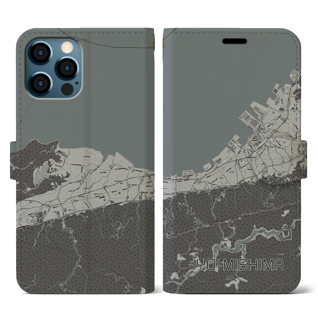【伊予三島(愛媛県)】地図柄iPhoneケース(手帳タイプ)モノトーン・iPhone 12 / 12 Pro 用
