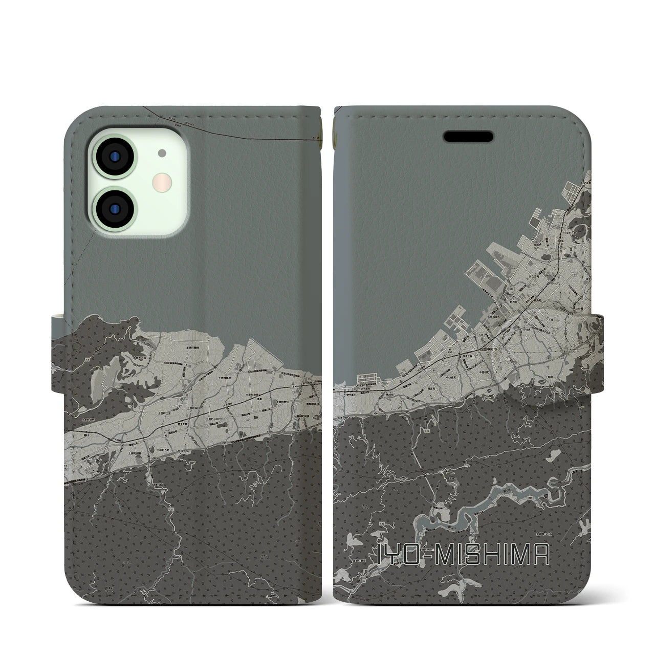 【伊予三島(愛媛県)】地図柄iPhoneケース(手帳タイプ)モノトーン・iPhone 12 mini 用