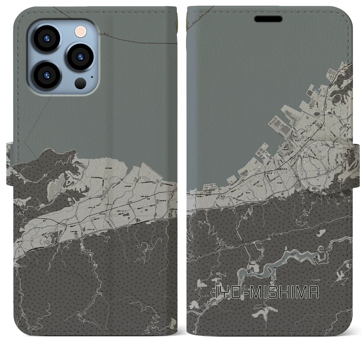 【伊予三島(愛媛県)】地図柄iPhoneケース(手帳タイプ)モノトーン・iPhone 13 Pro Max 用