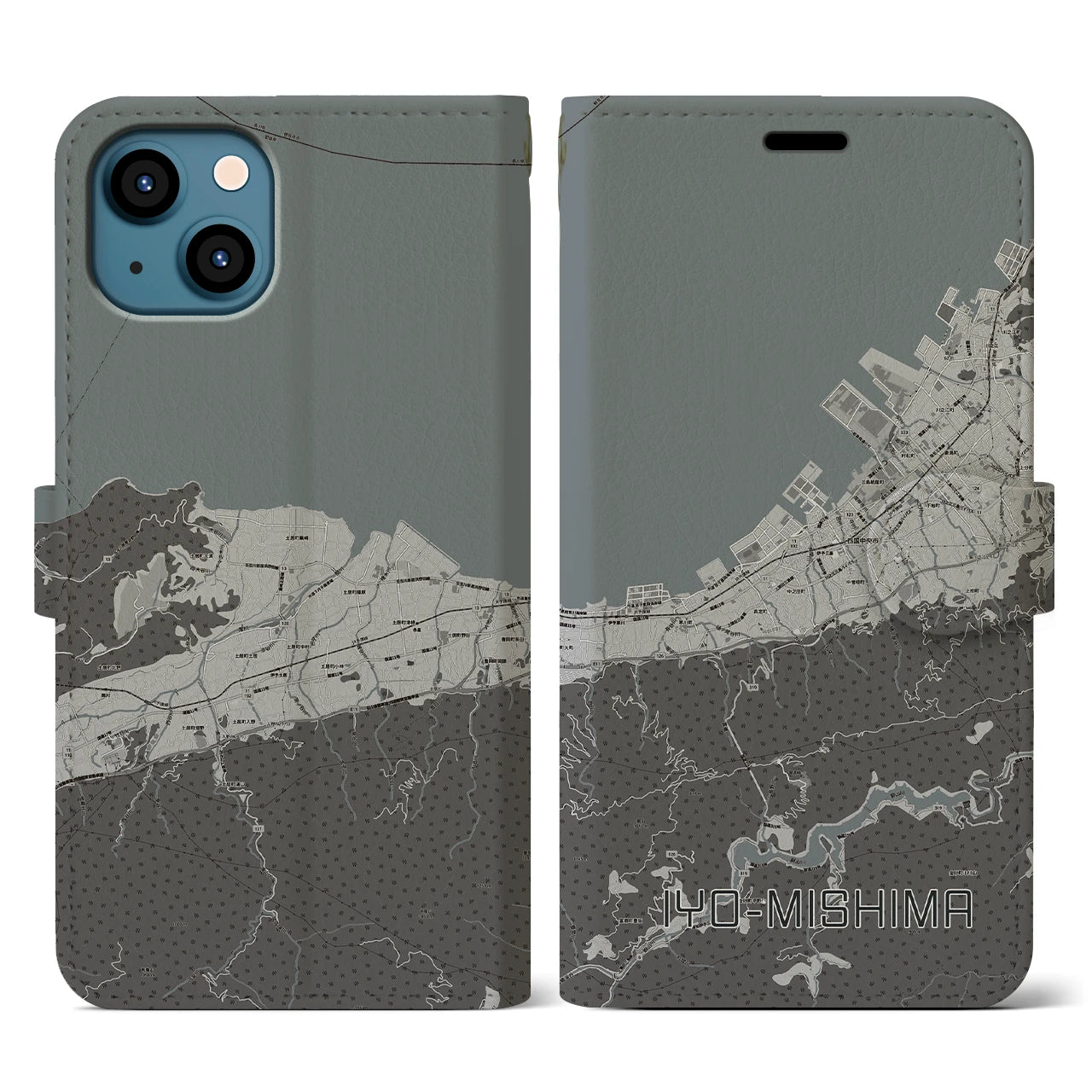【伊予三島(愛媛県)】地図柄iPhoneケース(手帳タイプ)モノトーン・iPhone 13 用