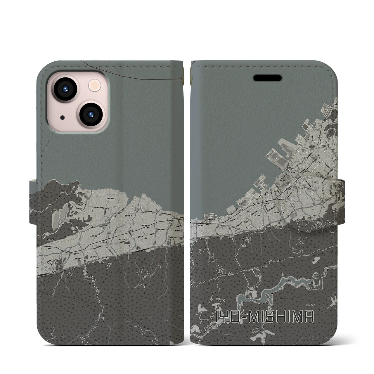 【伊予三島(愛媛県)】地図柄iPhoneケース(手帳タイプ)モノトーン・iPhone 13 mini 用