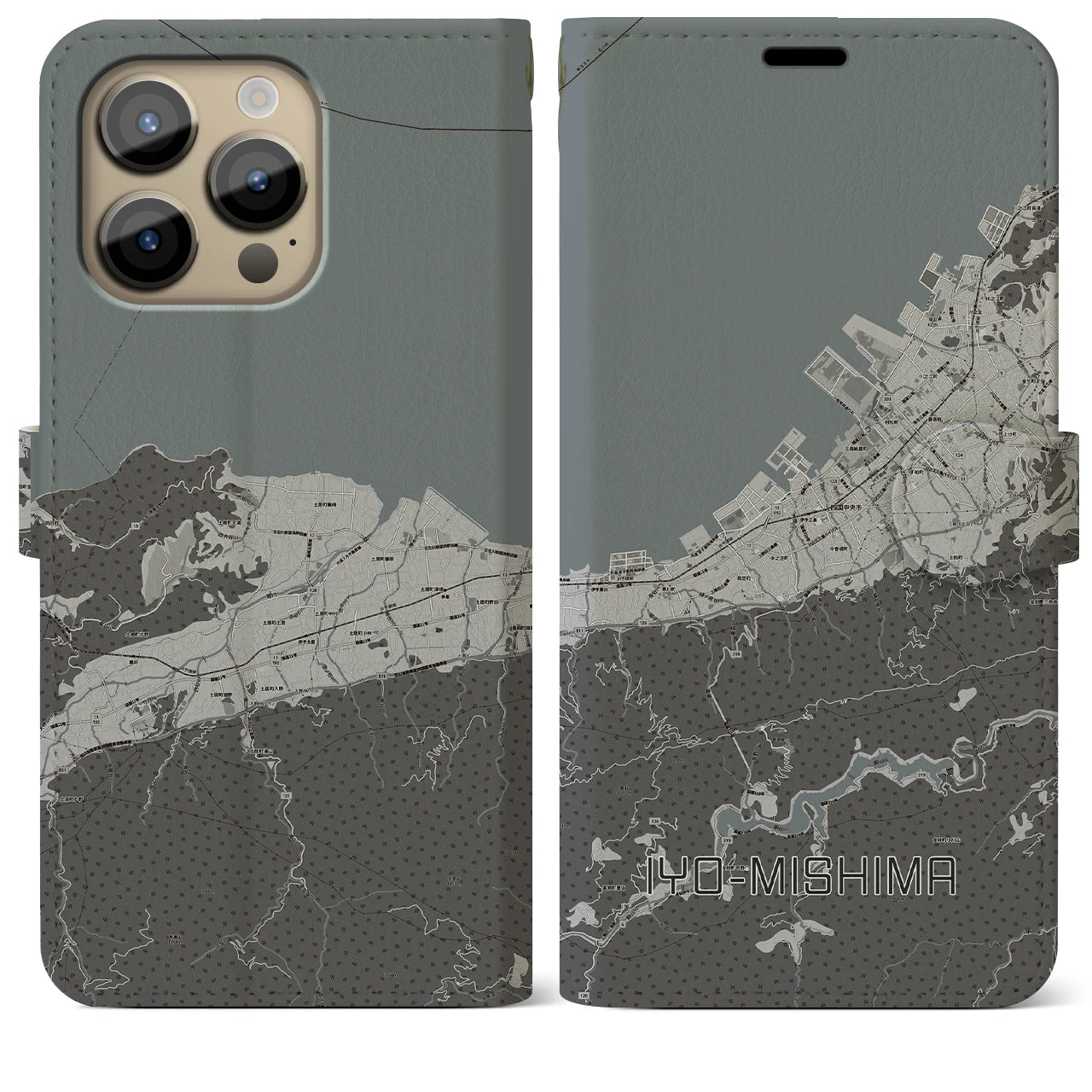 【伊予三島(愛媛県)】地図柄iPhoneケース(手帳タイプ)モノトーン・iPhone 14 Pro Max 用