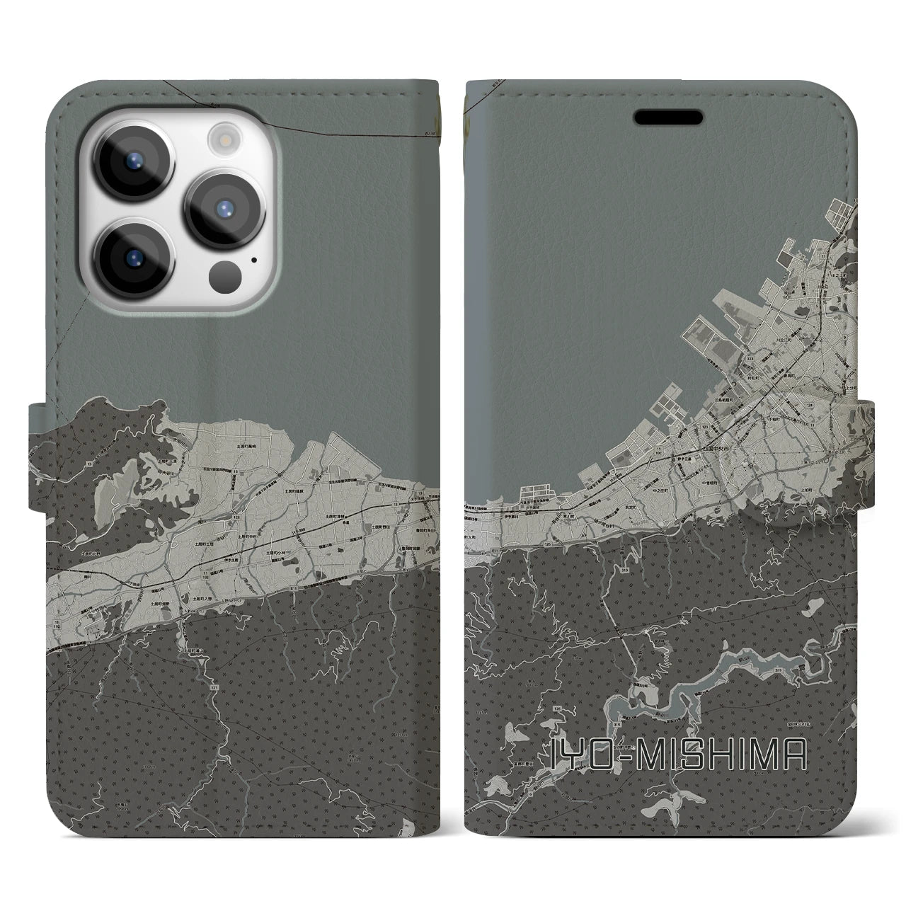 【伊予三島(愛媛県)】地図柄iPhoneケース(手帳タイプ)モノトーン・iPhone 14 Pro 用
