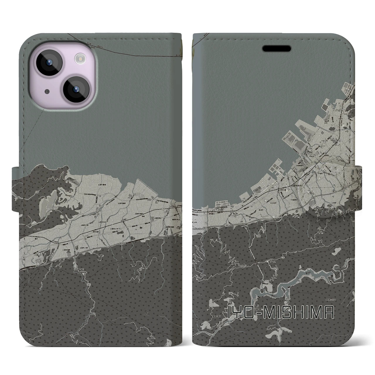 【伊予三島(愛媛県)】地図柄iPhoneケース(手帳タイプ)モノトーン・iPhone 14 用