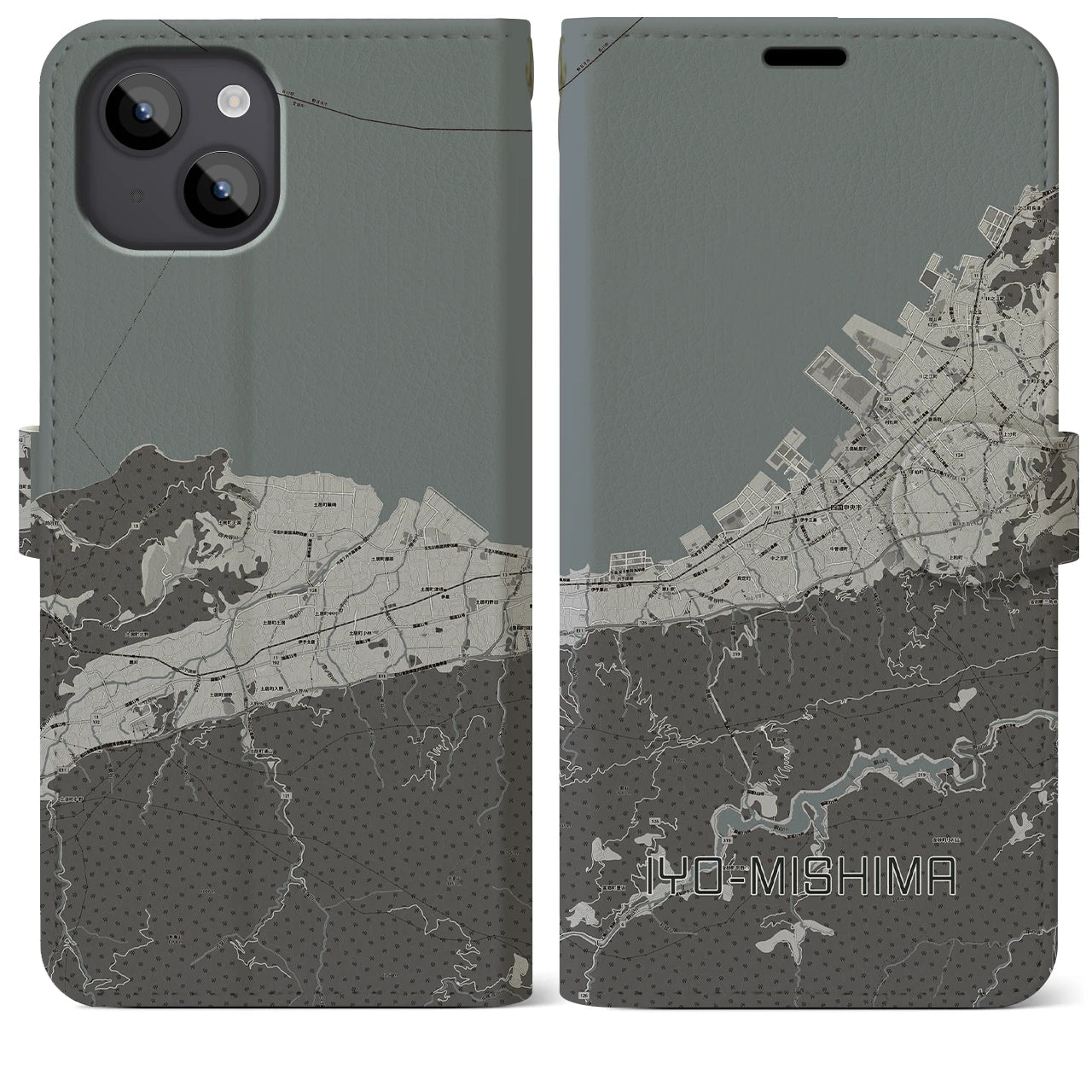 【伊予三島(愛媛県)】地図柄iPhoneケース(手帳タイプ)モノトーン・iPhone 14 Plus 用