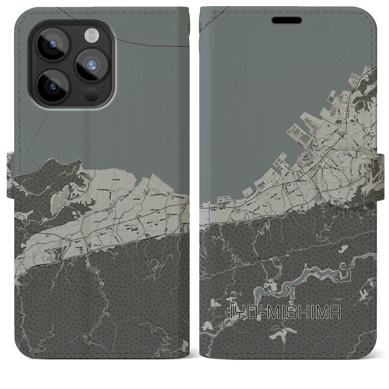 【伊予三島(愛媛県)】地図柄iPhoneケース(手帳タイプ)モノトーン・iPhone 15 Pro Max 用
