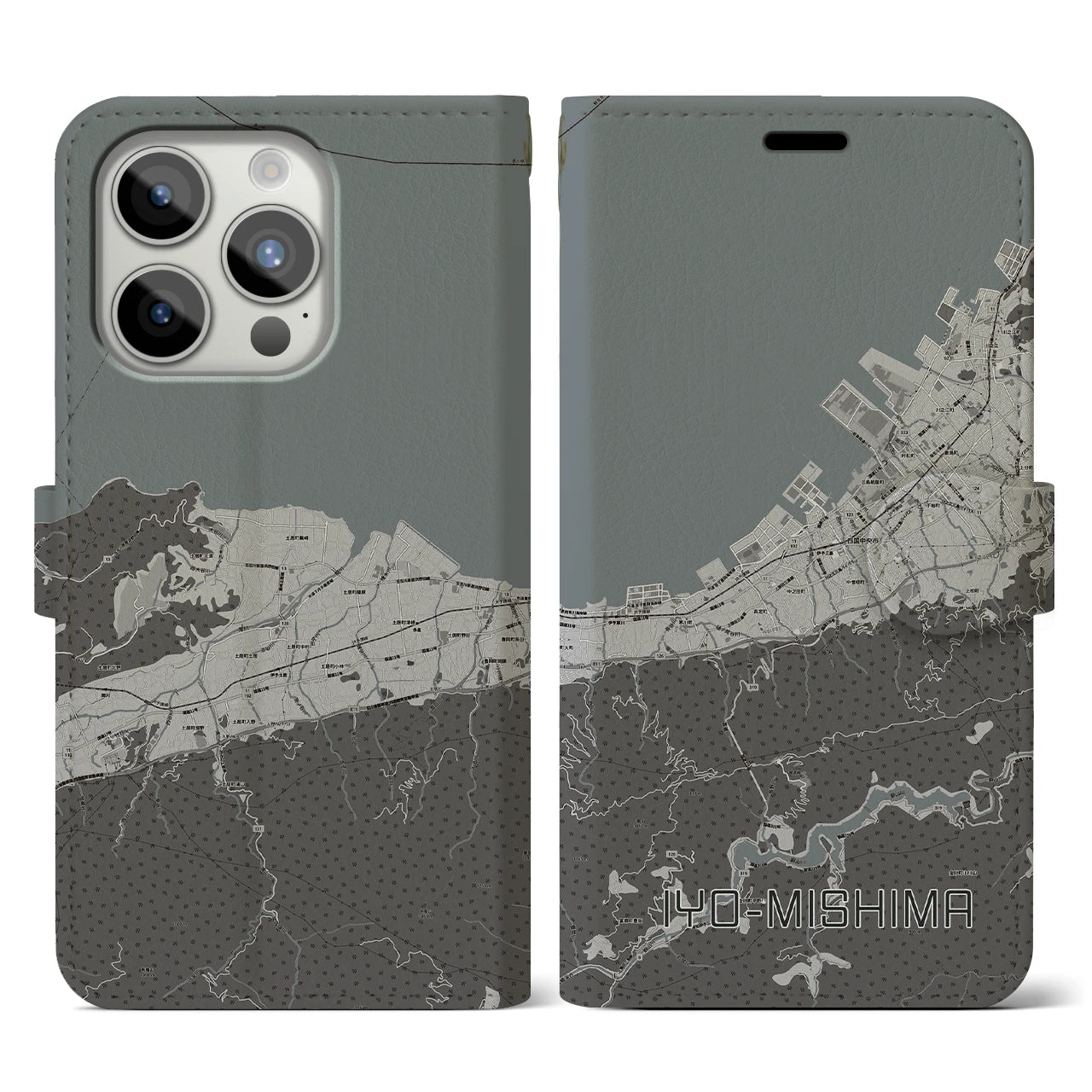 【伊予三島(愛媛県)】地図柄iPhoneケース(手帳タイプ)モノトーン・iPhone 15 Pro 用