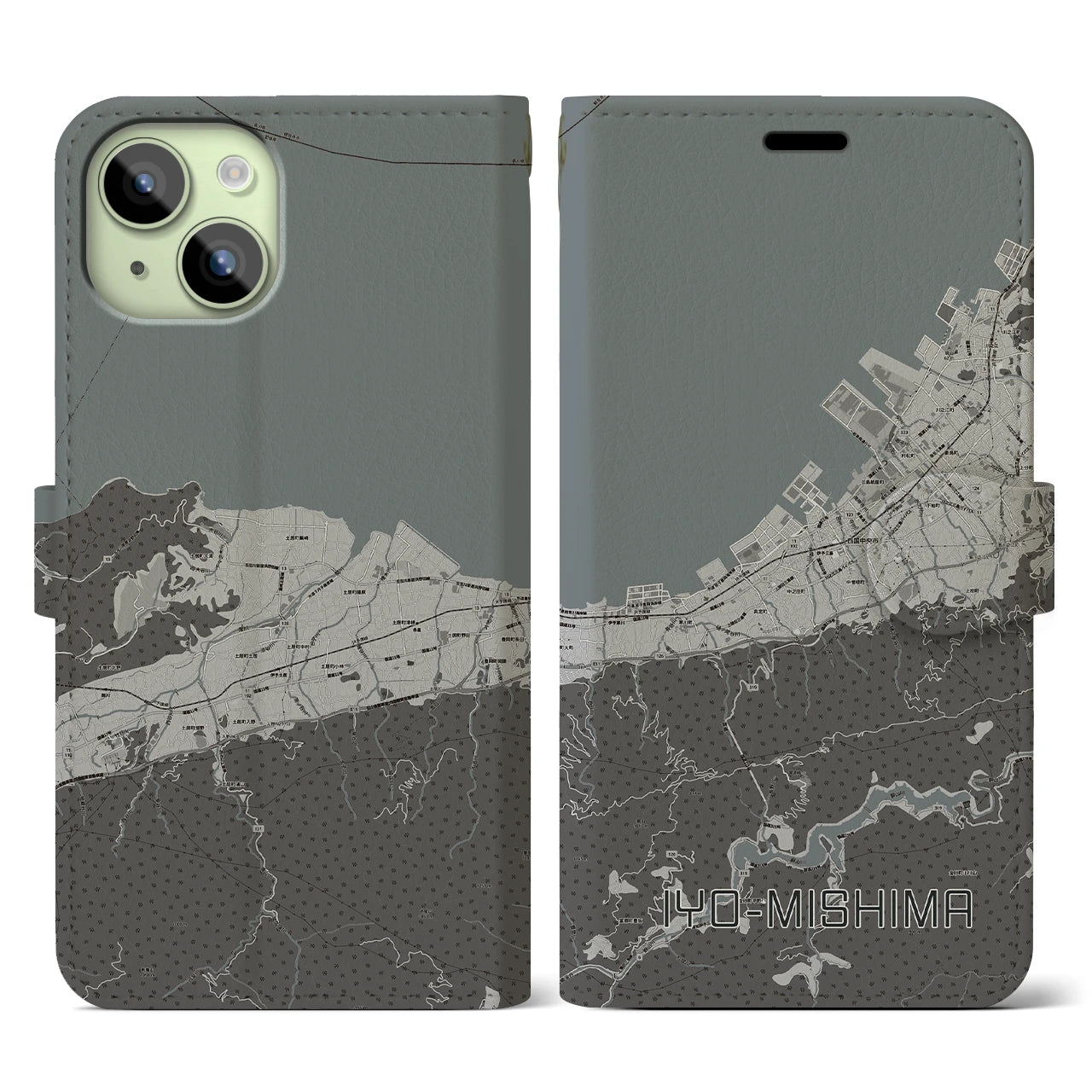 【伊予三島(愛媛県)】地図柄iPhoneケース(手帳タイプ)モノトーン・iPhone 15 用