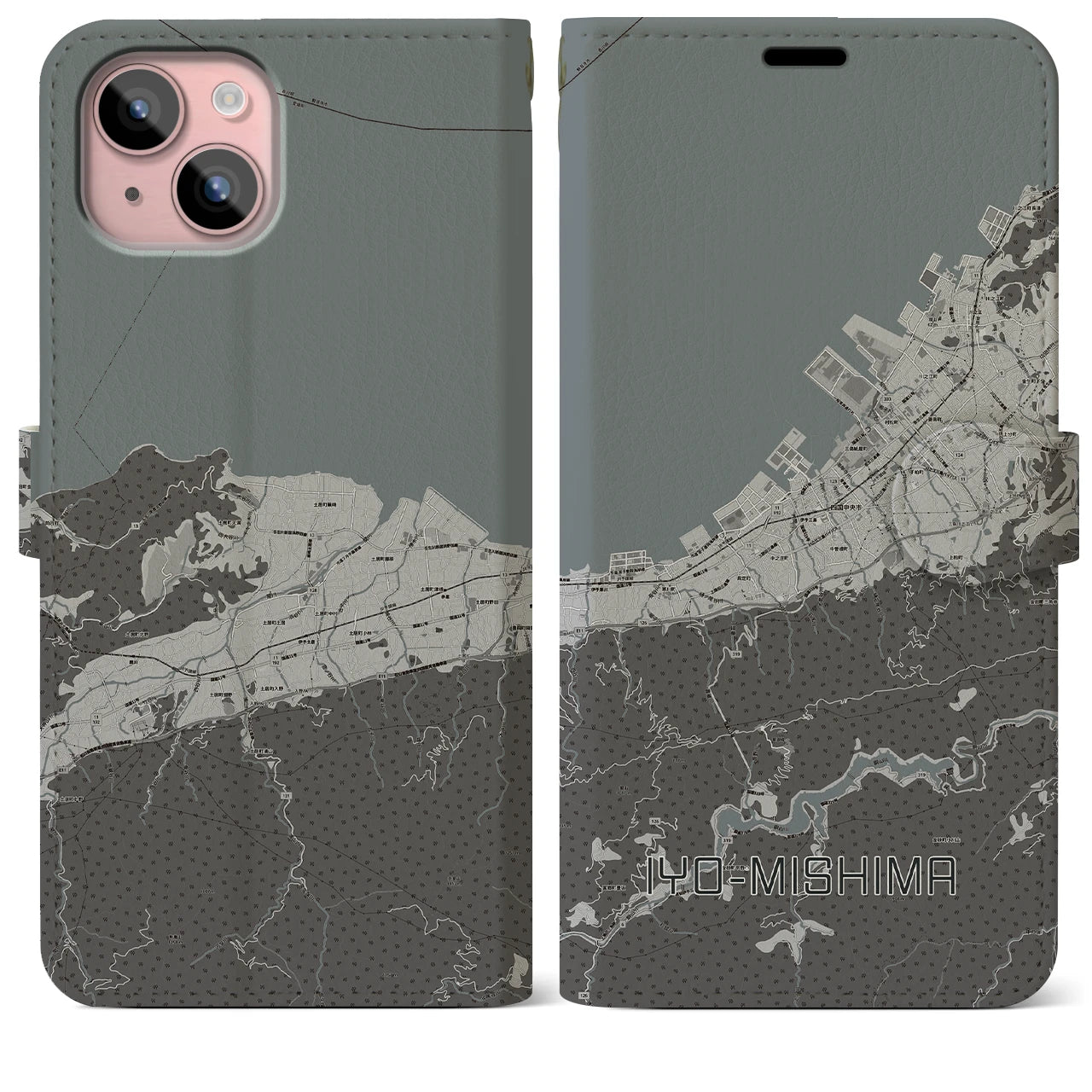 【伊予三島(愛媛県)】地図柄iPhoneケース(手帳タイプ)モノトーン・iPhone 15 Plus 用