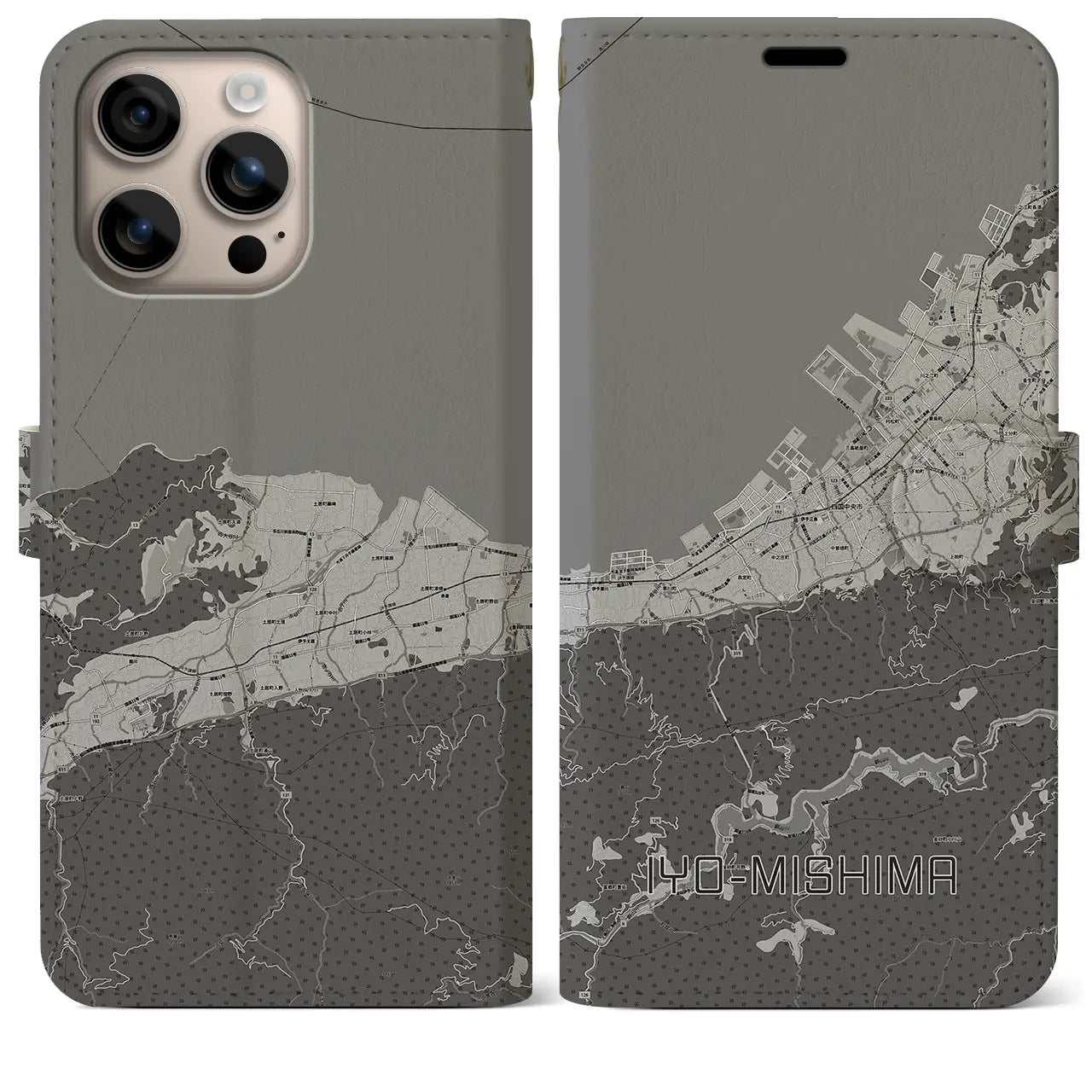 【伊予三島(愛媛県)】地図柄iPhoneケース(手帳タイプ)モノトーン・iPhone 16 Plus 用