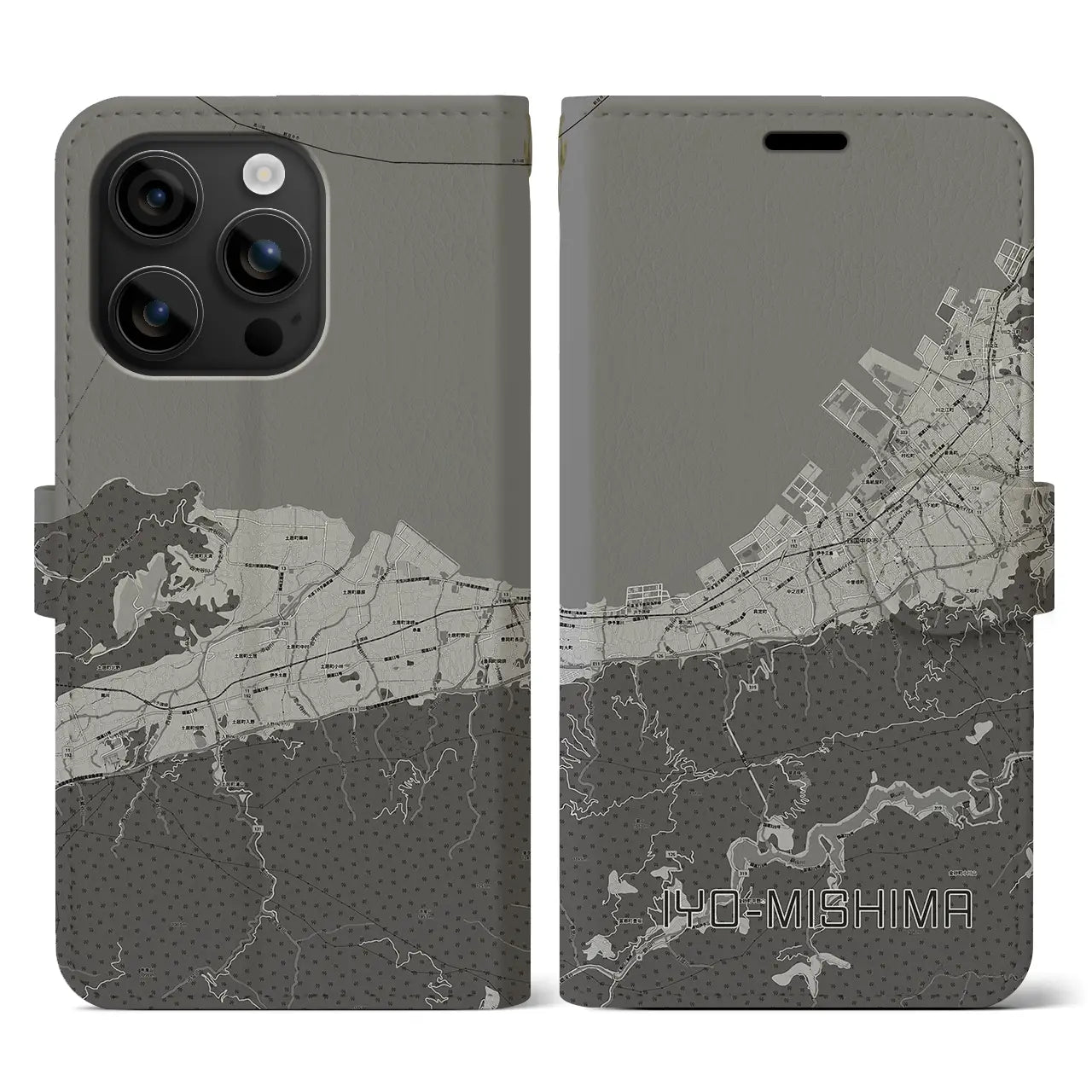 【伊予三島(愛媛県)】地図柄iPhoneケース(手帳タイプ)モノトーン・iPhone 16 用