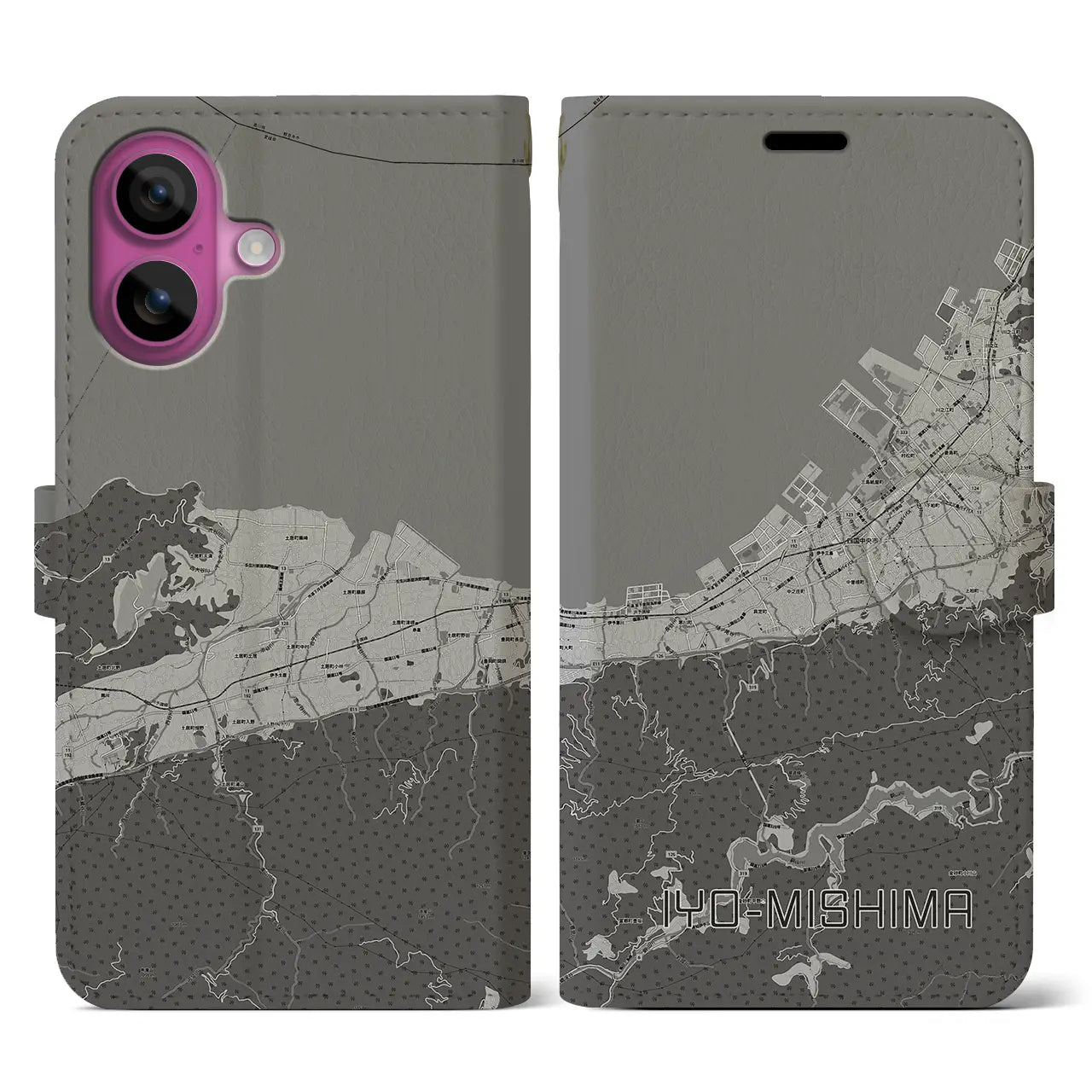 【伊予三島(愛媛県)】地図柄iPhoneケース(手帳タイプ)モノトーン・iPhone 16 Pro 用