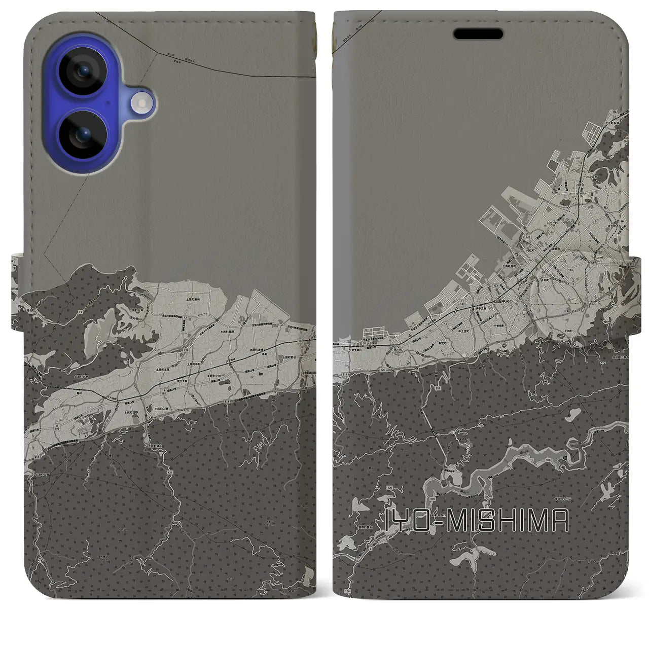 【伊予三島(愛媛県)】地図柄iPhoneケース(手帳タイプ)モノトーン・iPhone 16 Pro Max 用