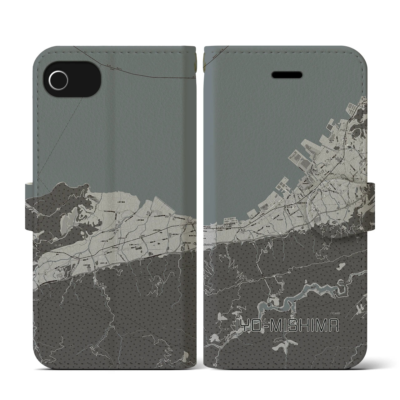 【伊予三島(愛媛県)】地図柄iPhoneケース(手帳タイプ)モノトーン・iPhone SE(第3 / 第2世代) / 8 / 7 / 6s / 6 用