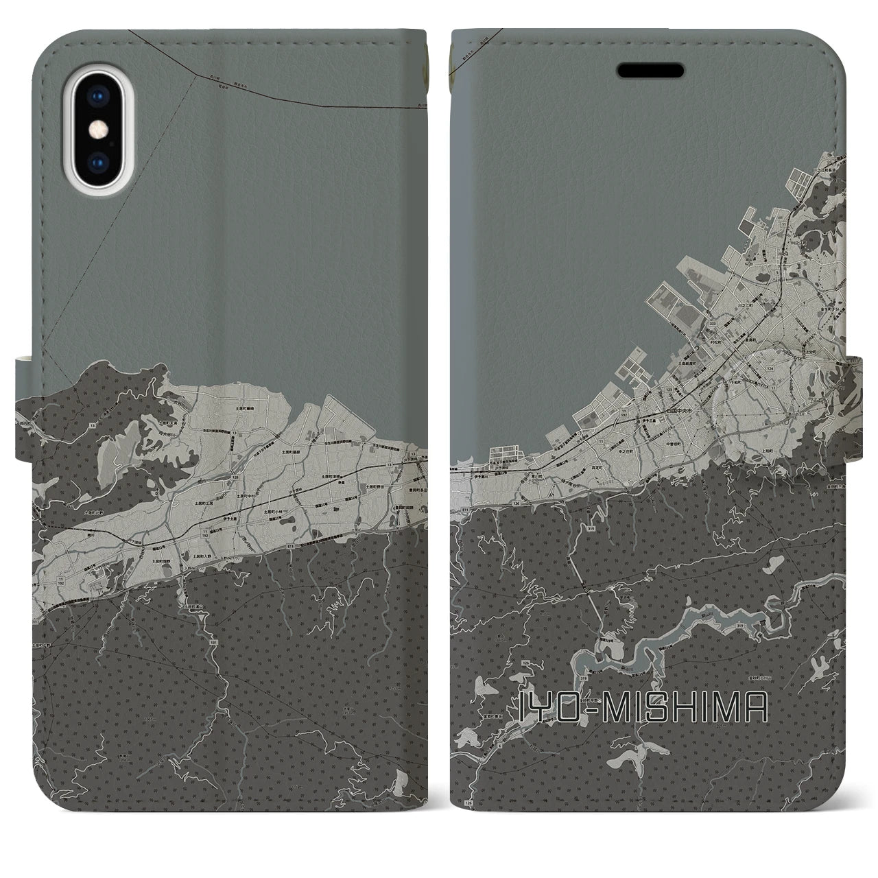 【伊予三島(愛媛県)】地図柄iPhoneケース(手帳タイプ)モノトーン・iPhone XS Max 用