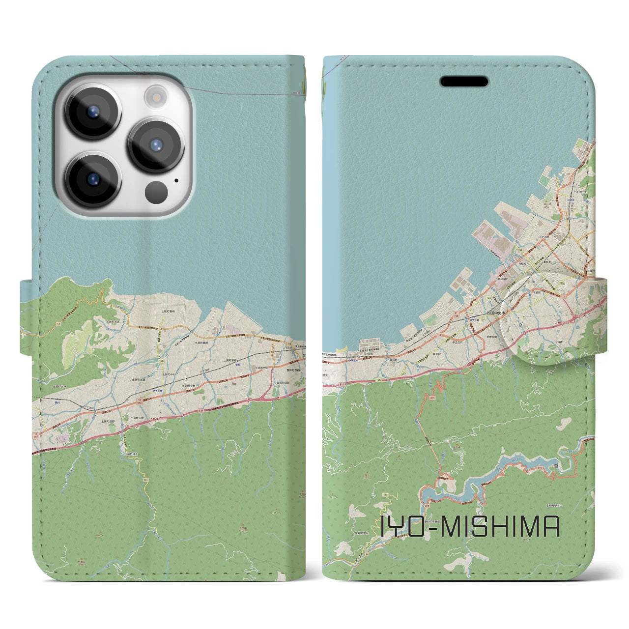 【伊予三島(愛媛県)】地図柄iPhoneケース(手帳タイプ)ナチュラル・iPhone 14 Pro 用