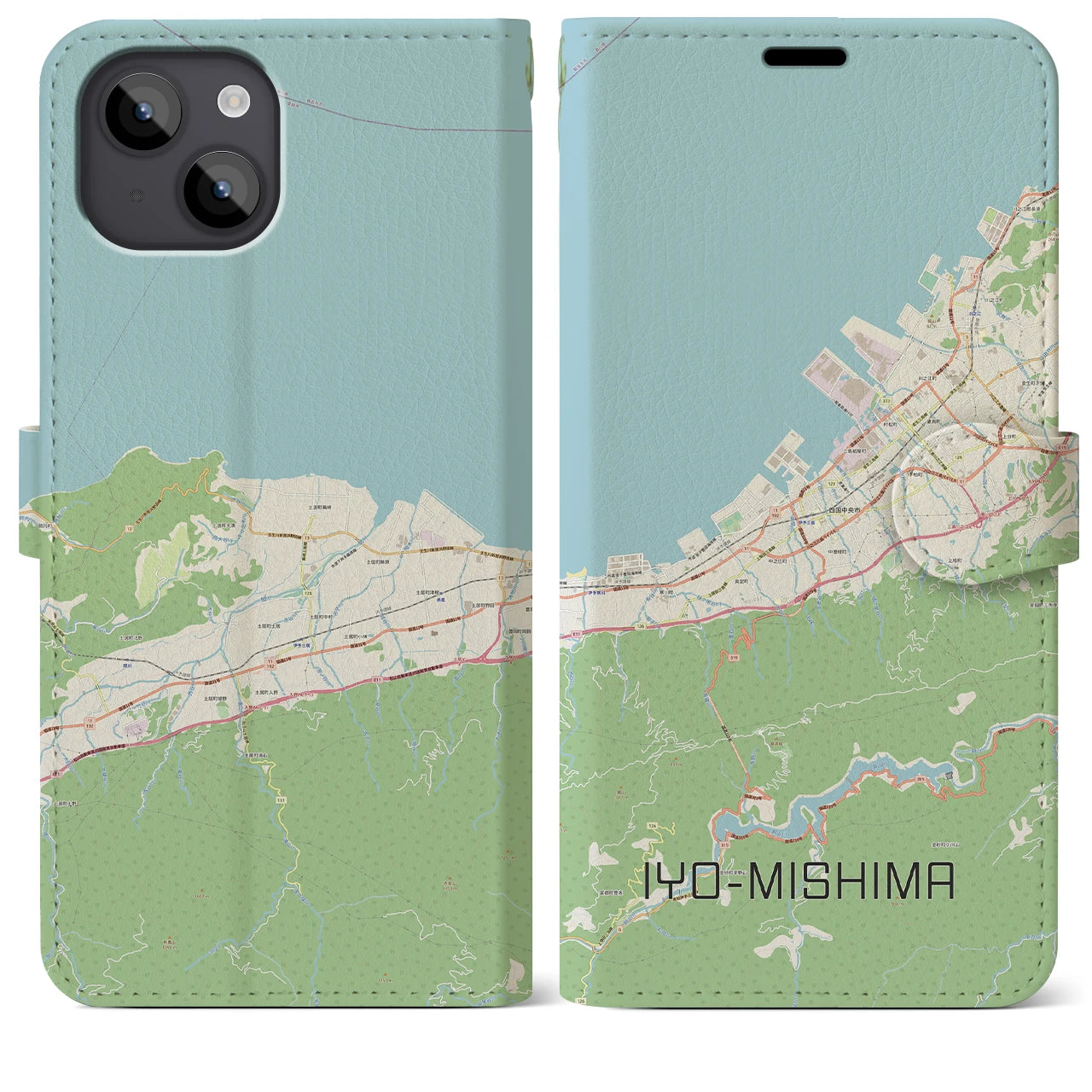 【伊予三島(愛媛県)】地図柄iPhoneケース(手帳タイプ)ナチュラル・iPhone 14 Plus 用