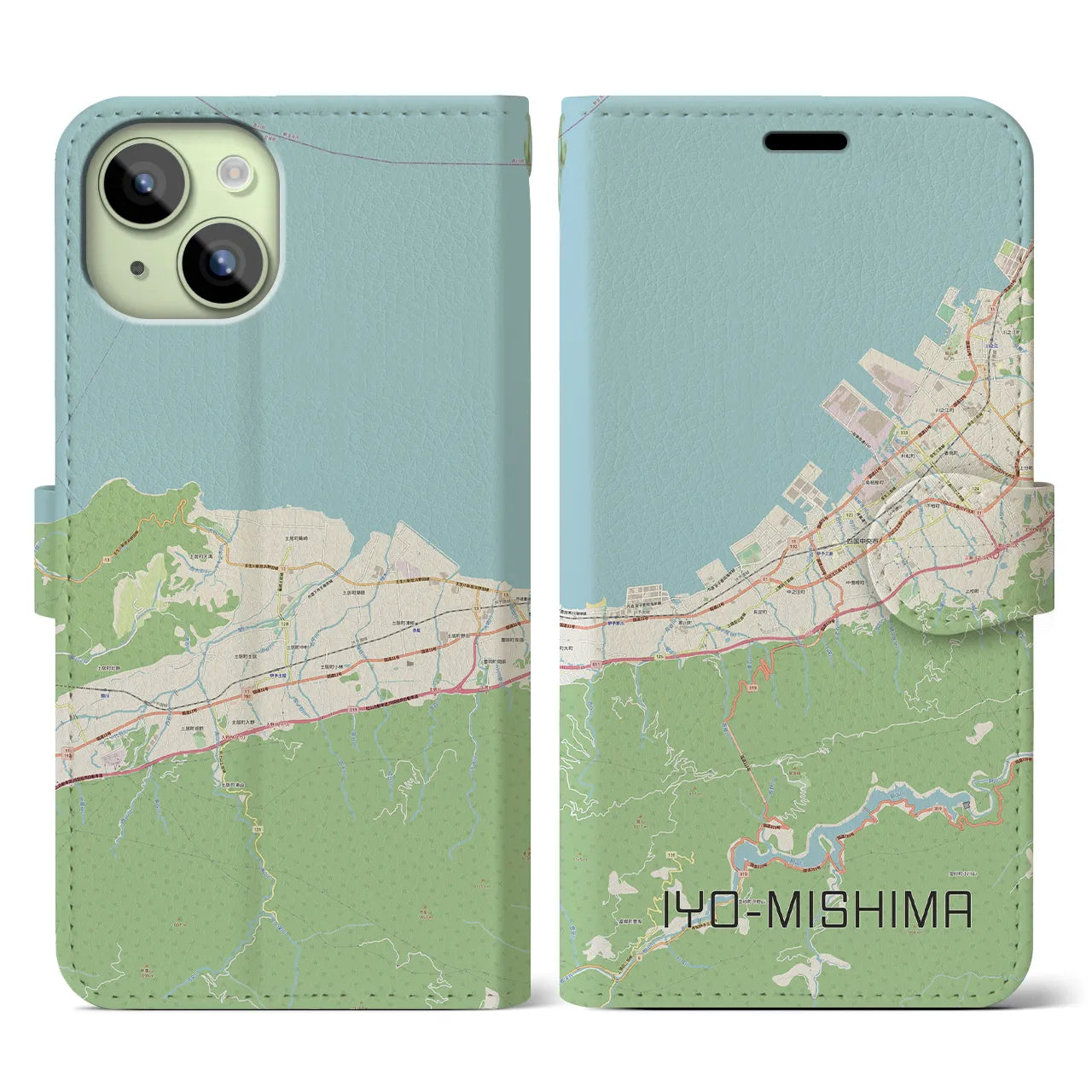 【伊予三島(愛媛県)】地図柄iPhoneケース(手帳タイプ)ナチュラル・iPhone 15 用