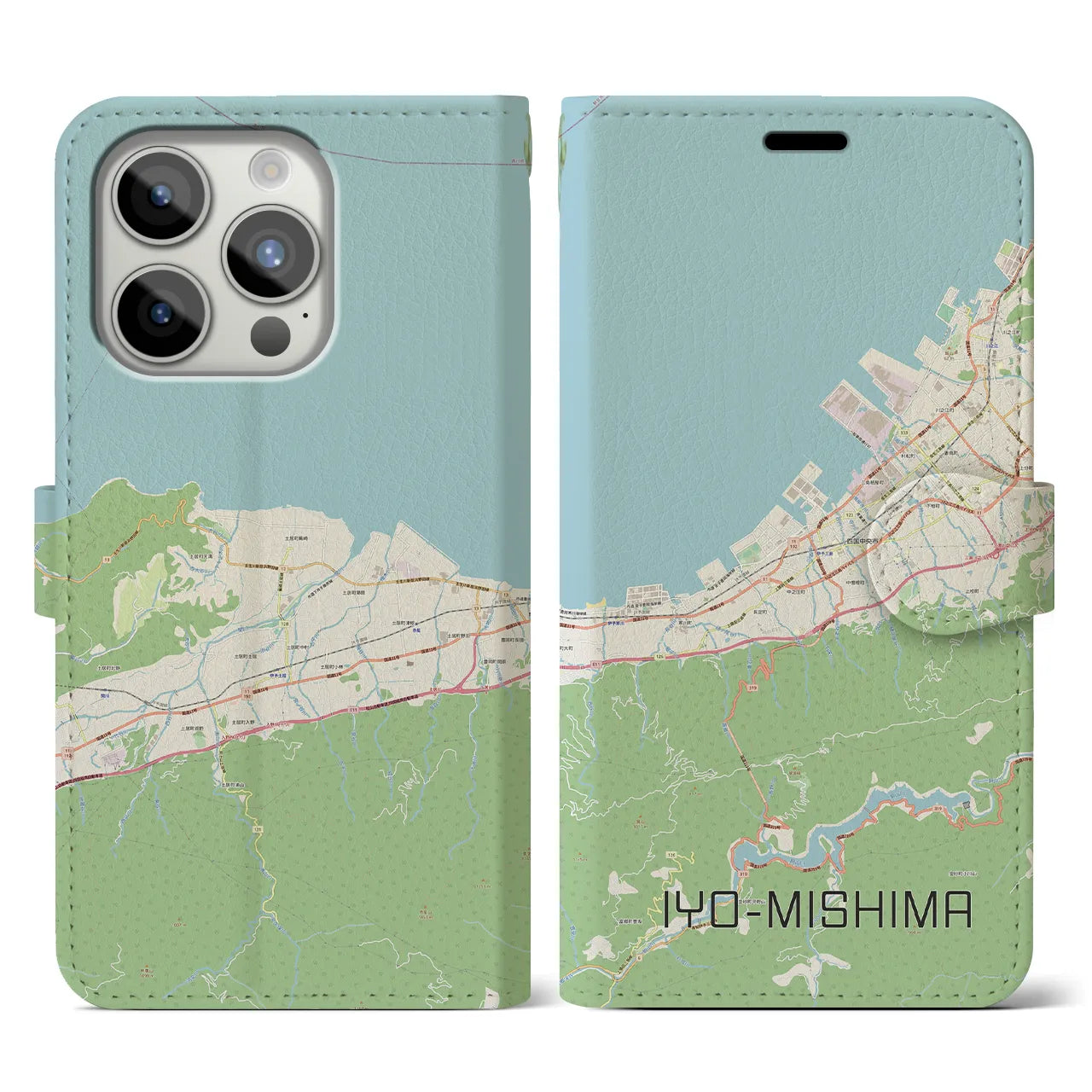 【伊予三島(愛媛県)】地図柄iPhoneケース(手帳タイプ)ナチュラル・iPhone 15 Pro 用