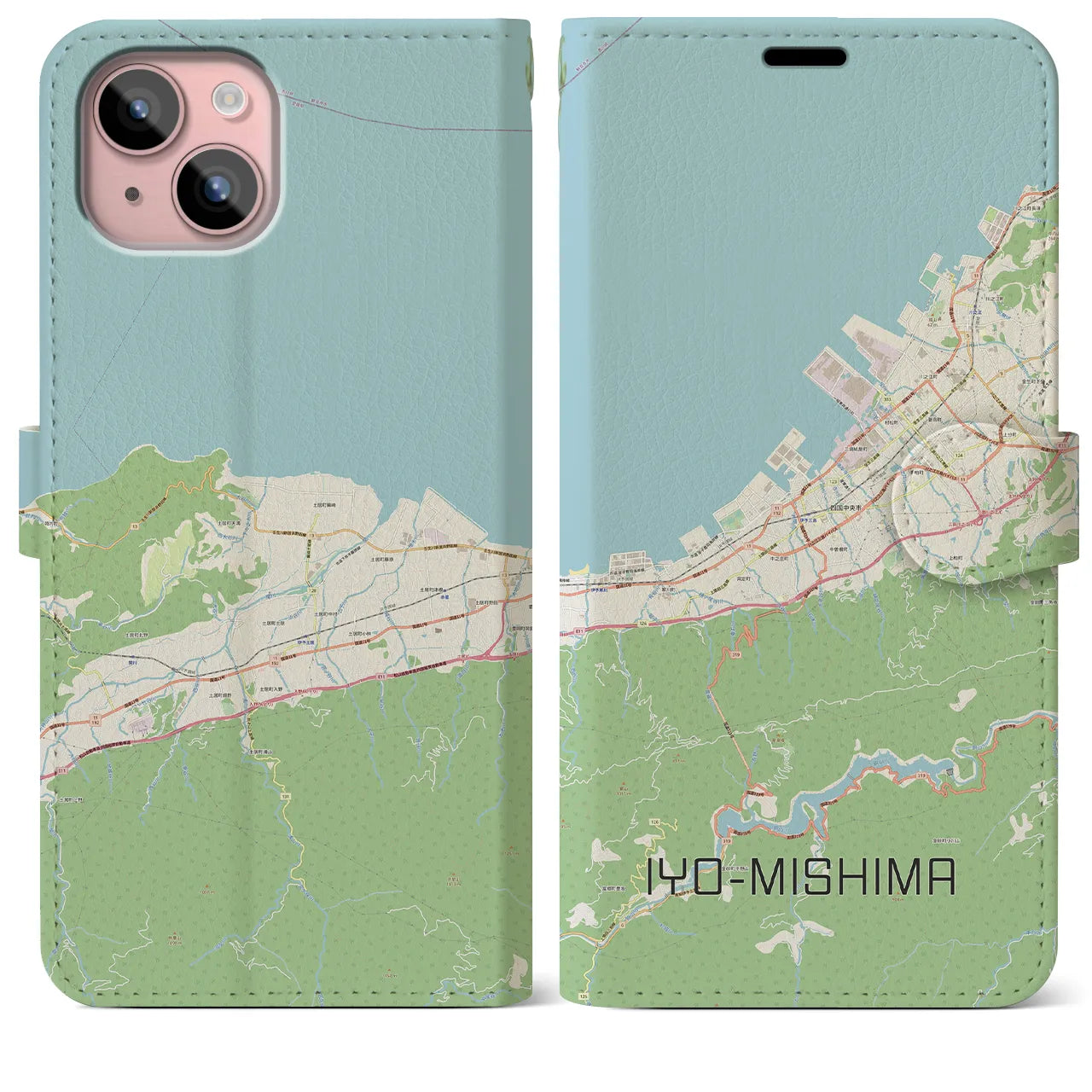 【伊予三島(愛媛県)】地図柄iPhoneケース(手帳タイプ)ナチュラル・iPhone 15 Plus 用