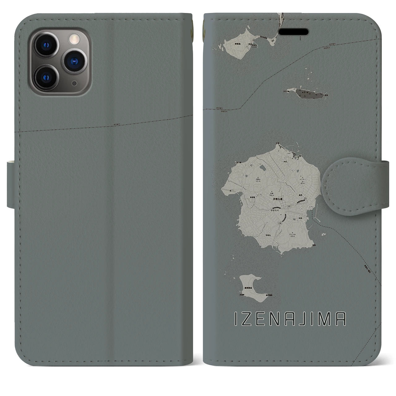 【伊是名島(沖縄県)】地図柄iPhoneケース(手帳タイプ)モノトーン・iPhone 11 Pro Max 用