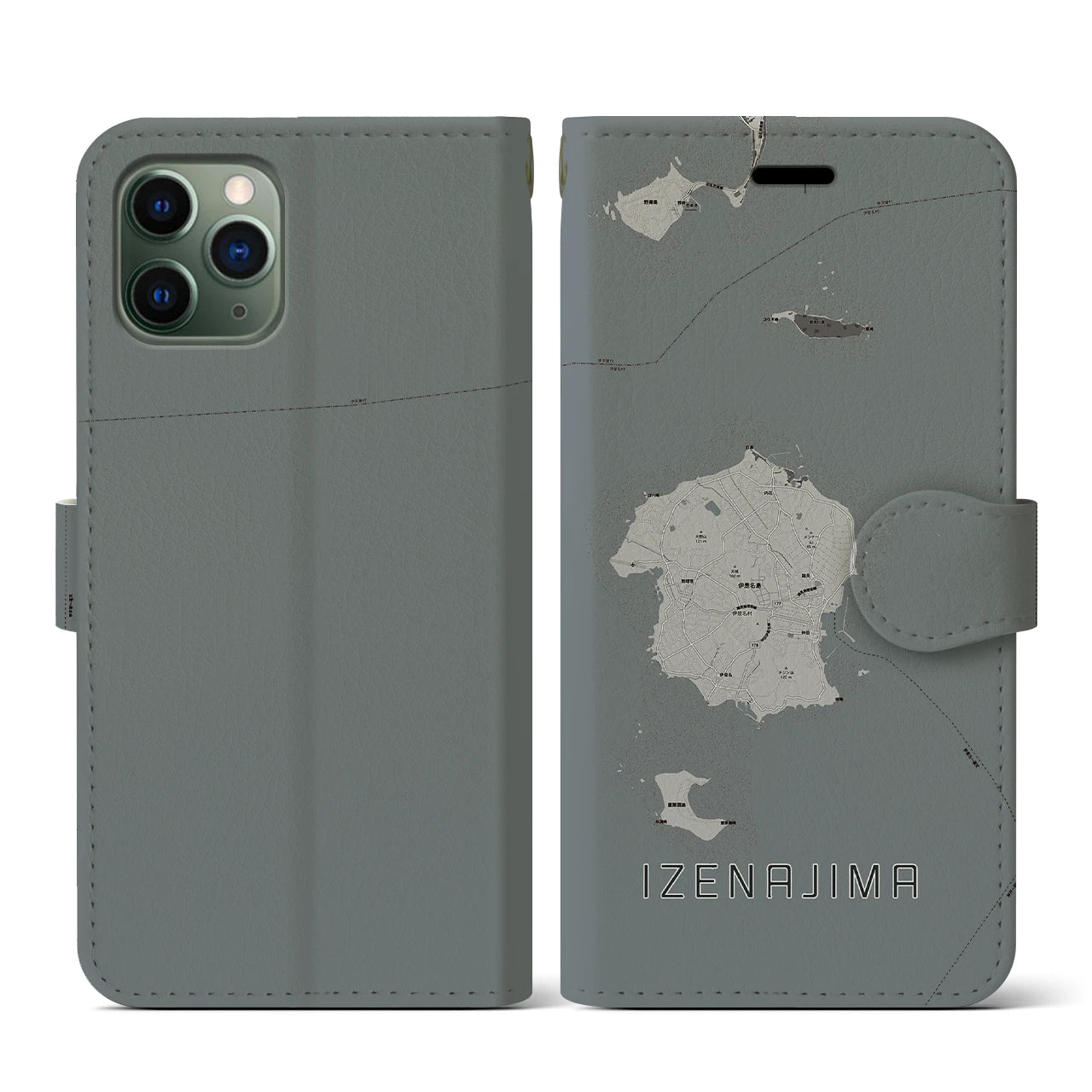 【伊是名島(沖縄県)】地図柄iPhoneケース(手帳タイプ)モノトーン・iPhone 11 Pro 用