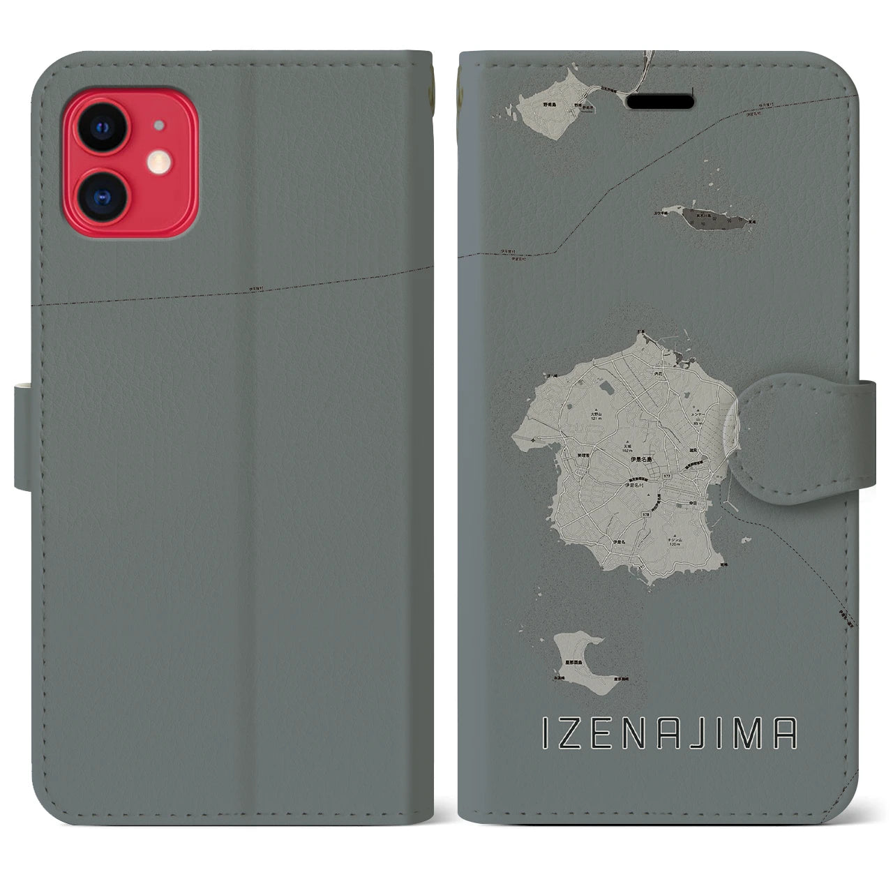 【伊是名島(沖縄県)】地図柄iPhoneケース(手帳タイプ)モノトーン・iPhone 11 用