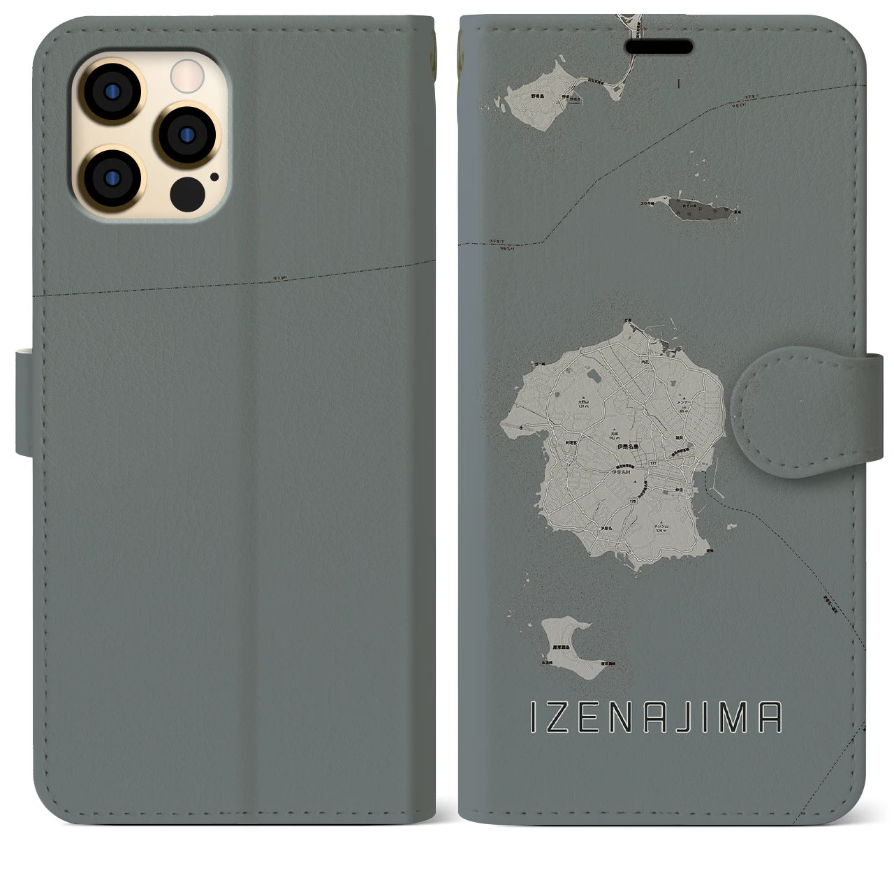 【伊是名島(沖縄県)】地図柄iPhoneケース(手帳タイプ)モノトーン・iPhone 12 Pro Max 用