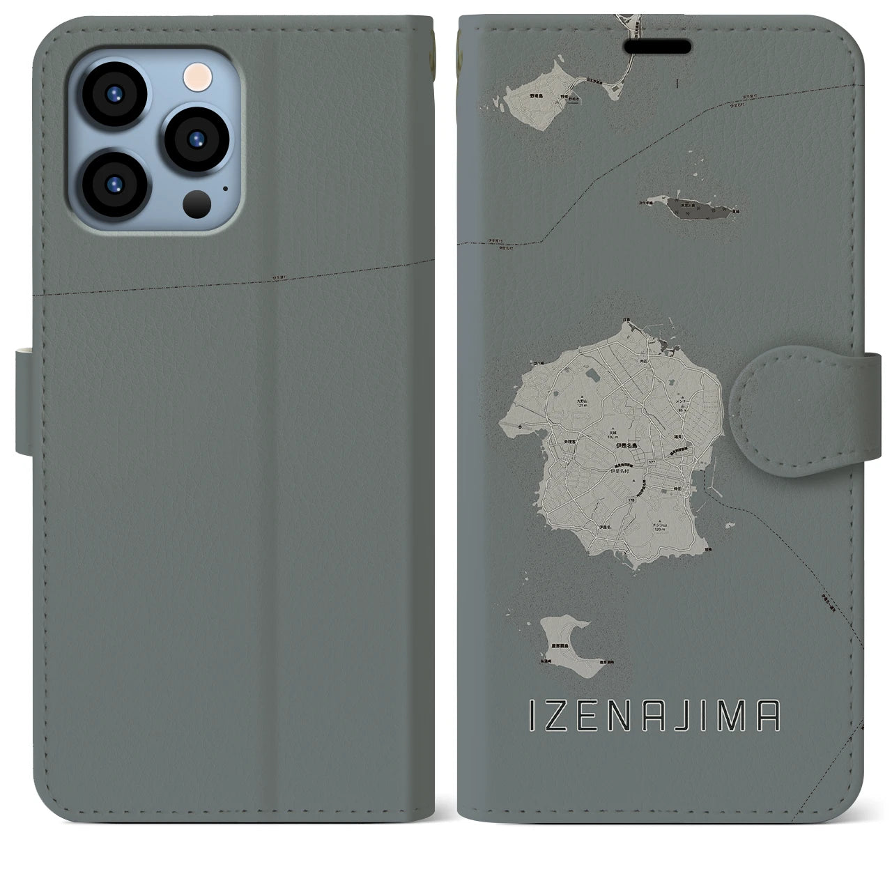【伊是名島(沖縄県)】地図柄iPhoneケース(手帳タイプ)モノトーン・iPhone 13 Pro Max 用