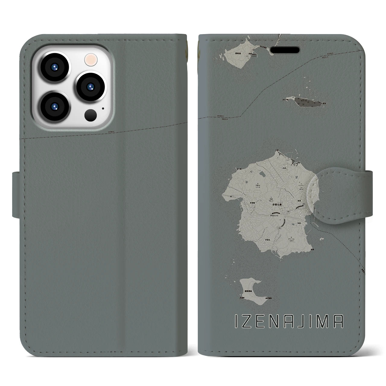 【伊是名島(沖縄県)】地図柄iPhoneケース(手帳タイプ)モノトーン・iPhone 13 Pro 用