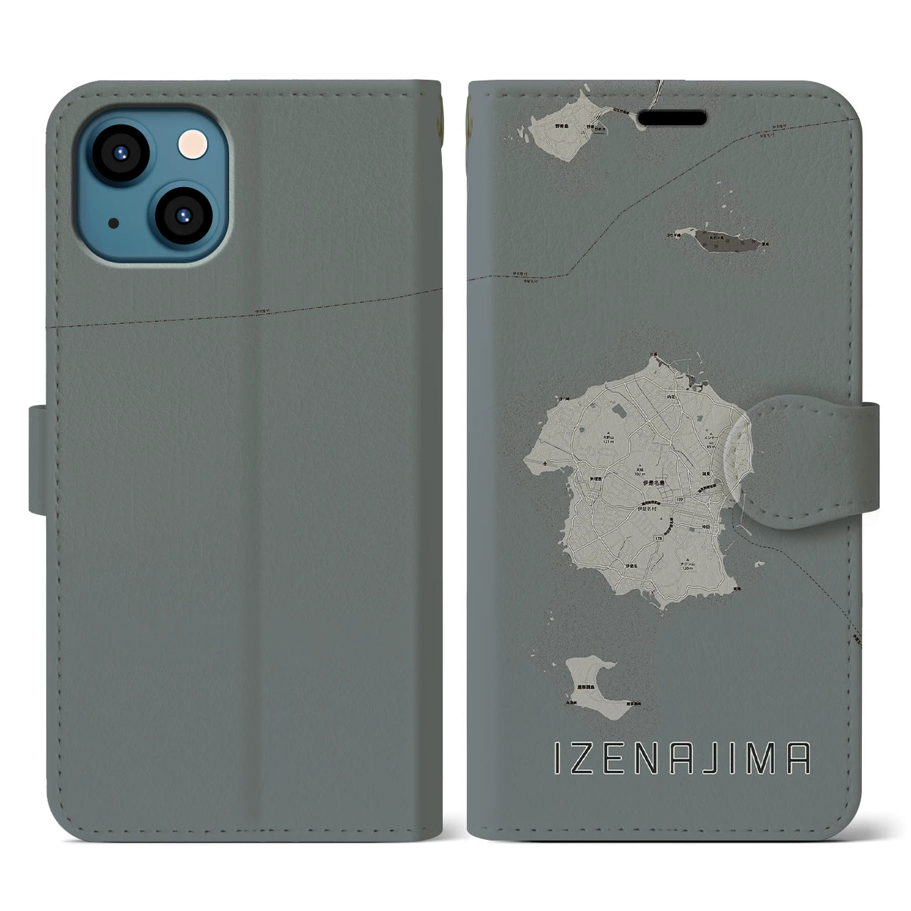 【伊是名島(沖縄県)】地図柄iPhoneケース(手帳タイプ)モノトーン・iPhone 13 用