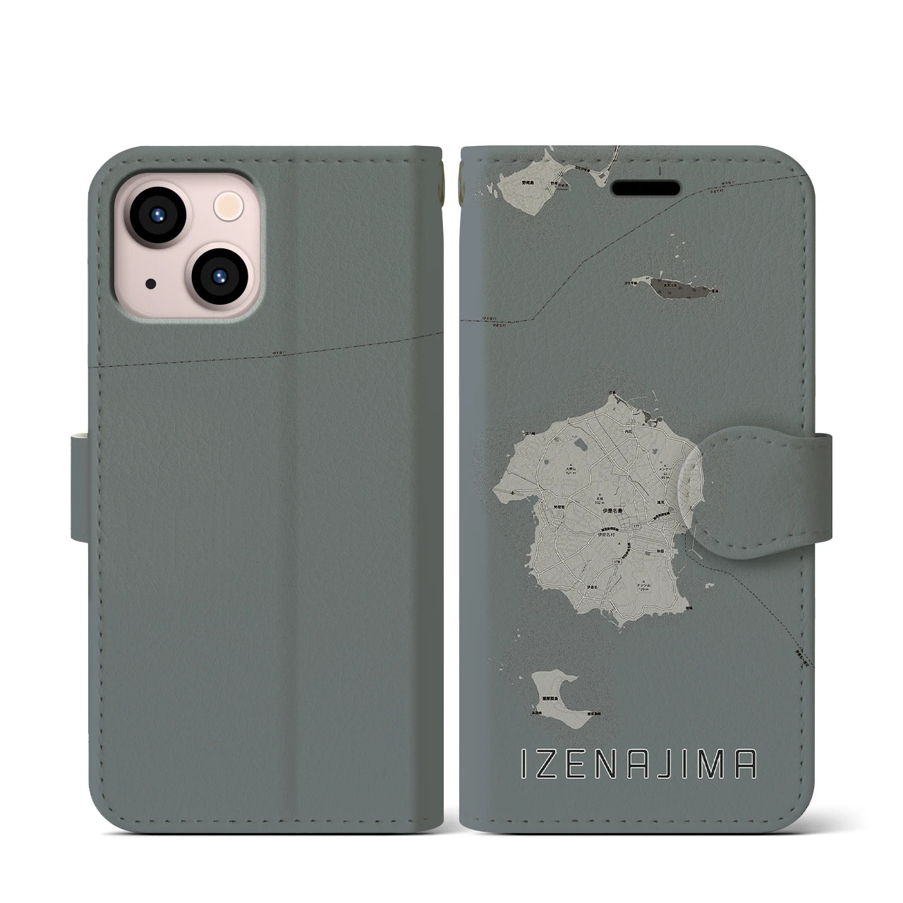 【伊是名島(沖縄県)】地図柄iPhoneケース(手帳タイプ)モノトーン・iPhone 13 mini 用