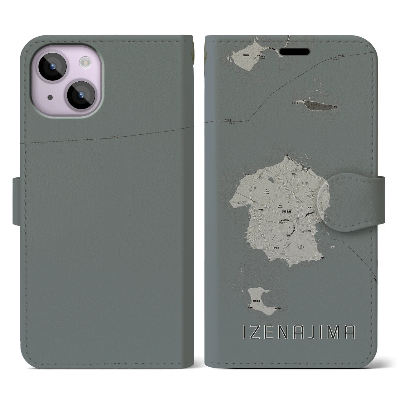 【伊是名島(沖縄県)】地図柄iPhoneケース(手帳タイプ)モノトーン・iPhone 14 用
