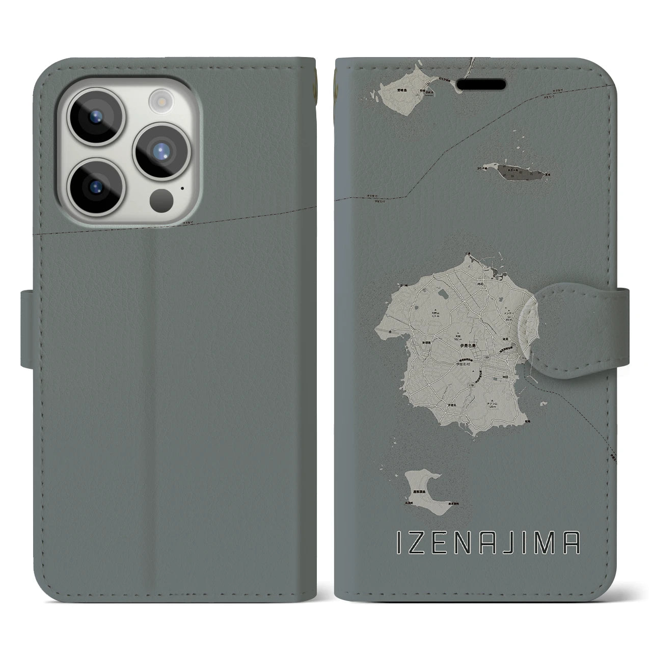 【伊是名島(沖縄県)】地図柄iPhoneケース(手帳タイプ)モノトーン・iPhone 15 Pro 用