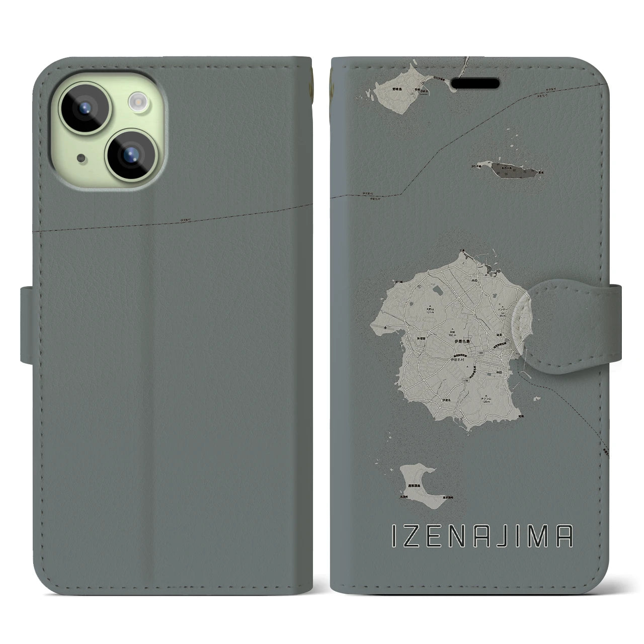 【伊是名島(沖縄県)】地図柄iPhoneケース(手帳タイプ)モノトーン・iPhone 15 用