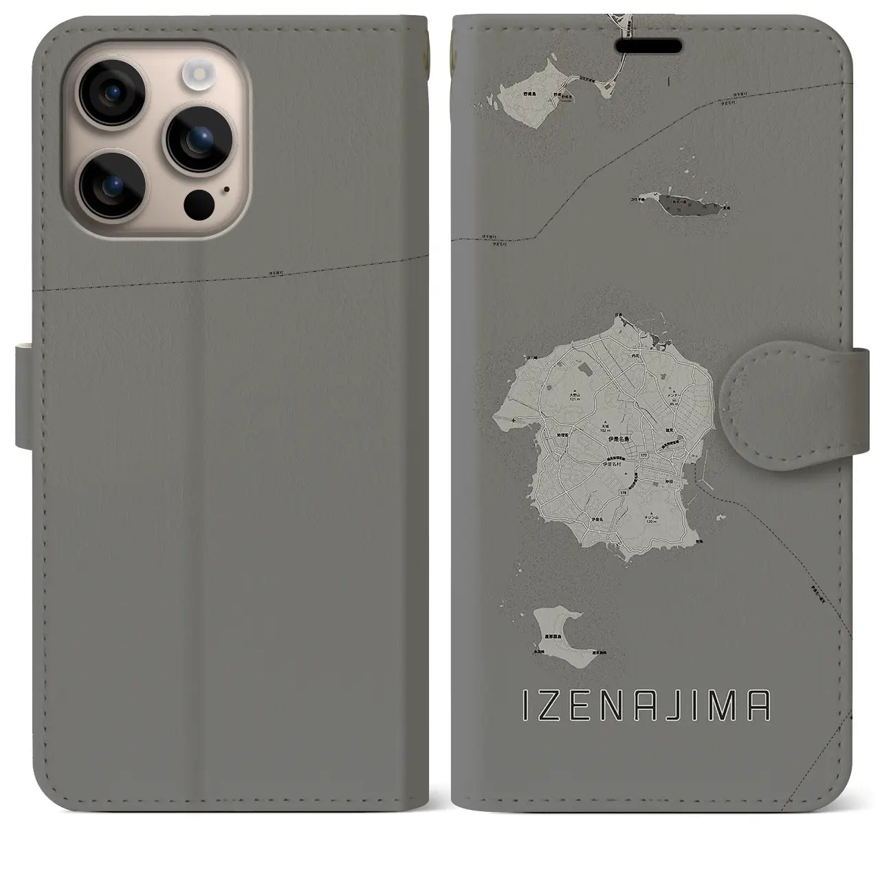 【伊是名島(沖縄県)】地図柄iPhoneケース(手帳タイプ)モノトーン・iPhone 16 Plus 用