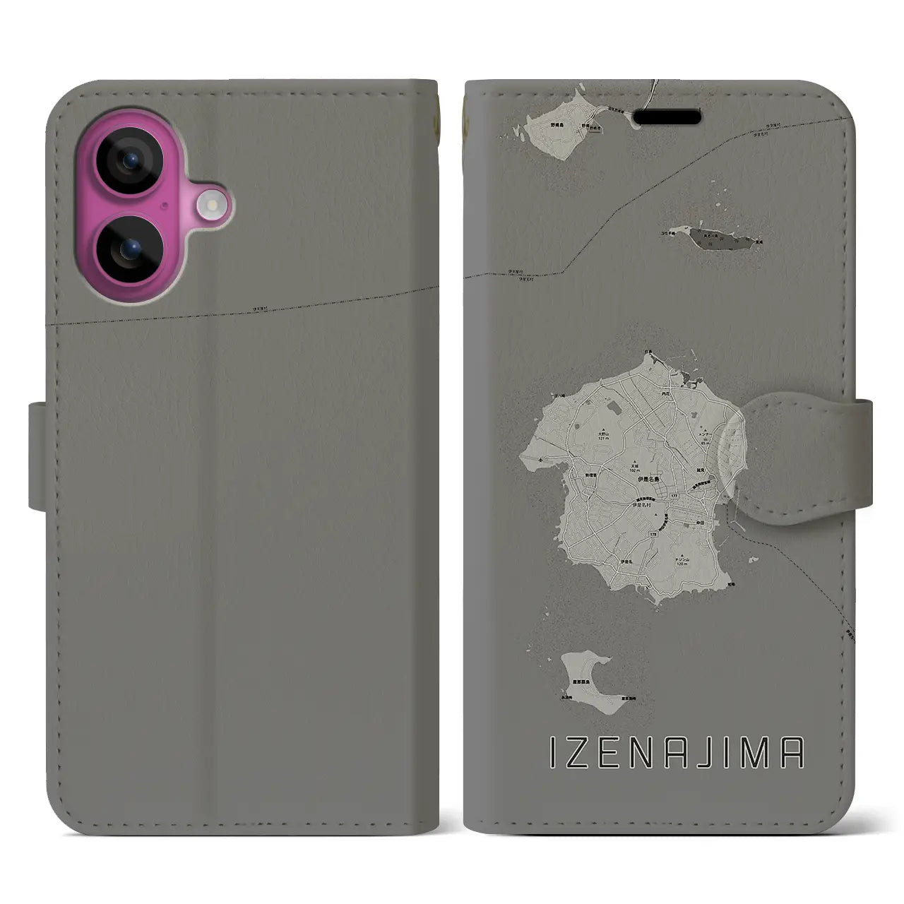 【伊是名島(沖縄県)】地図柄iPhoneケース(手帳タイプ)モノトーン・iPhone 16 Pro 用