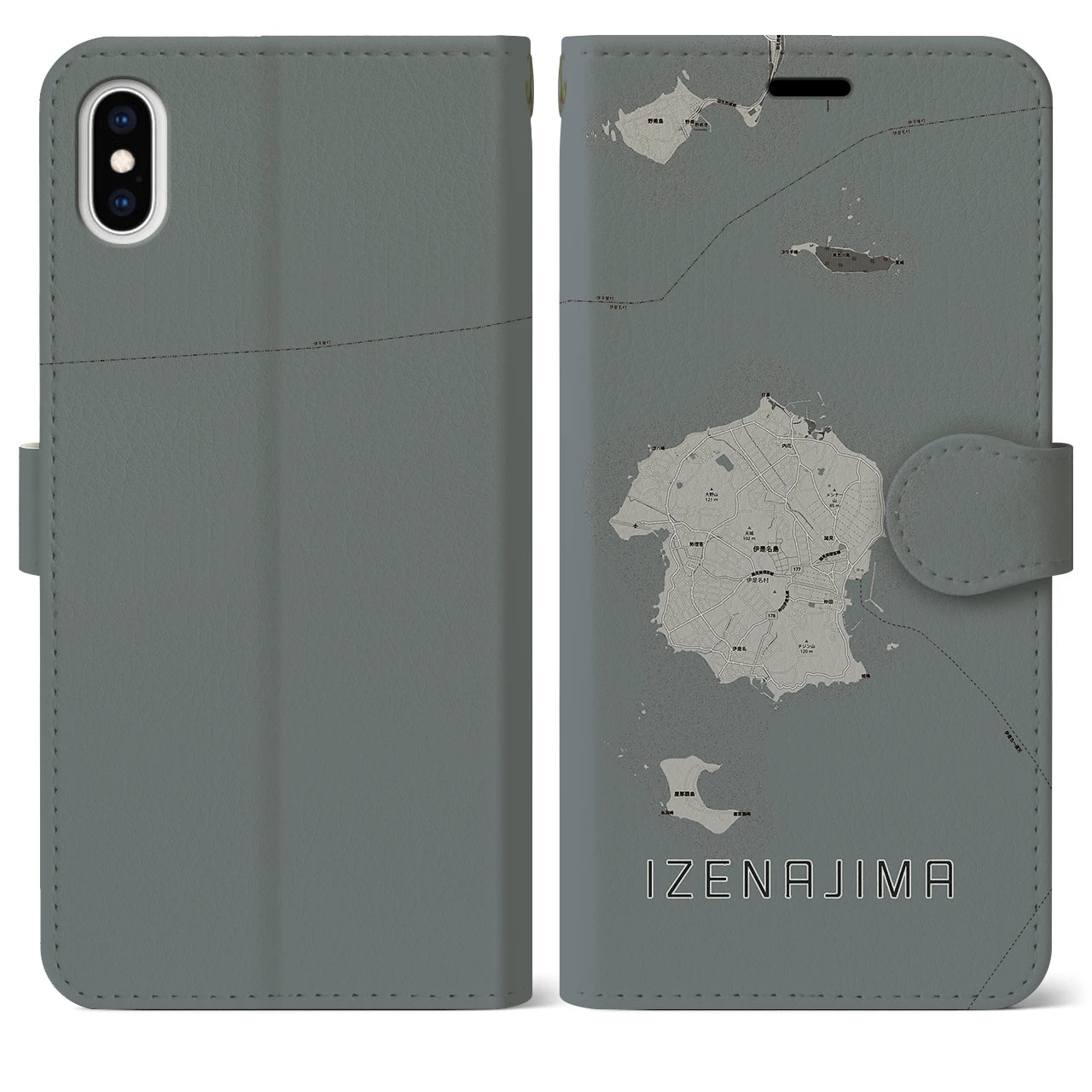【伊是名島(沖縄県)】地図柄iPhoneケース(手帳タイプ)モノトーン・iPhone XS Max 用