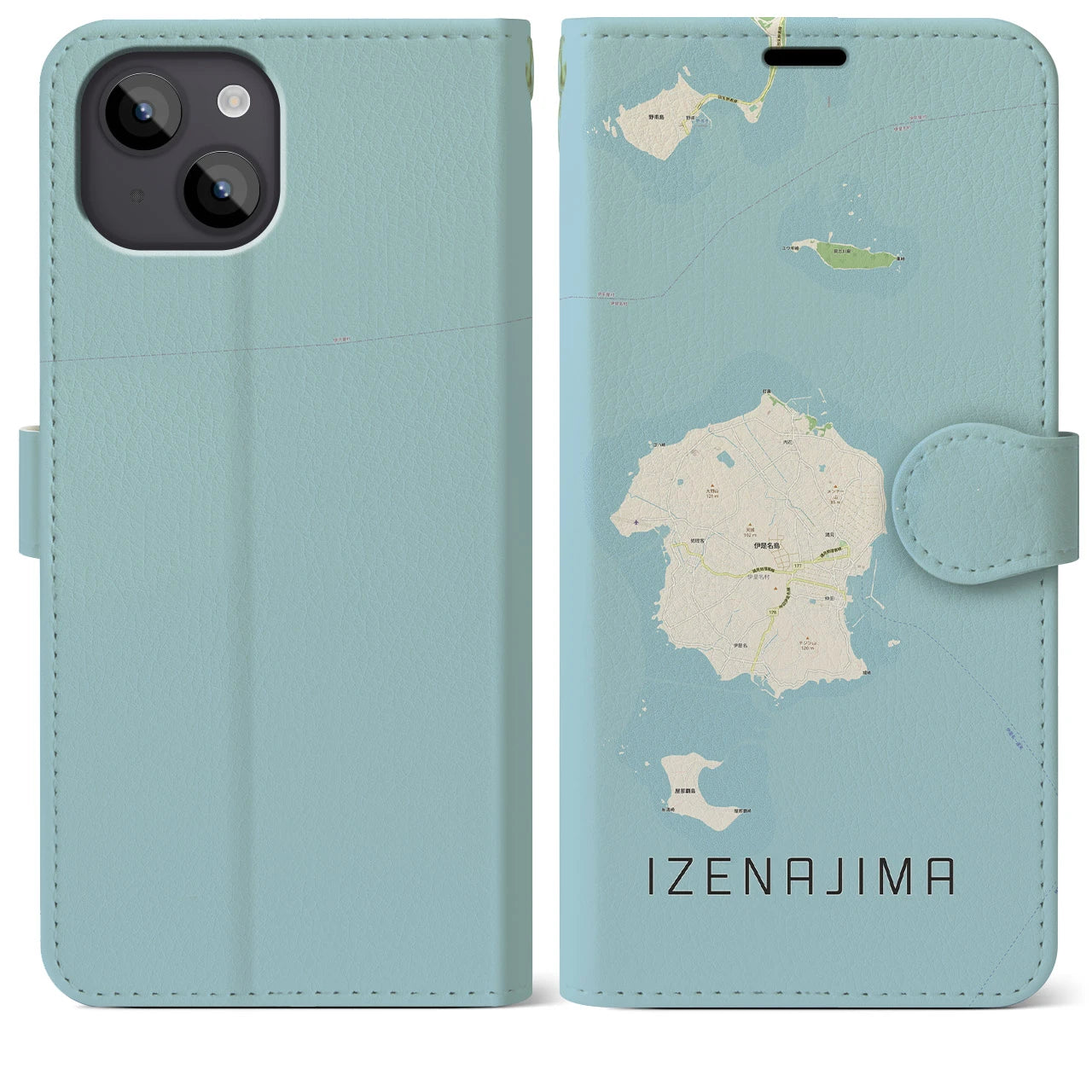 【伊是名島(沖縄県)】地図柄iPhoneケース(手帳タイプ)ナチュラル・iPhone 14 Plus 用