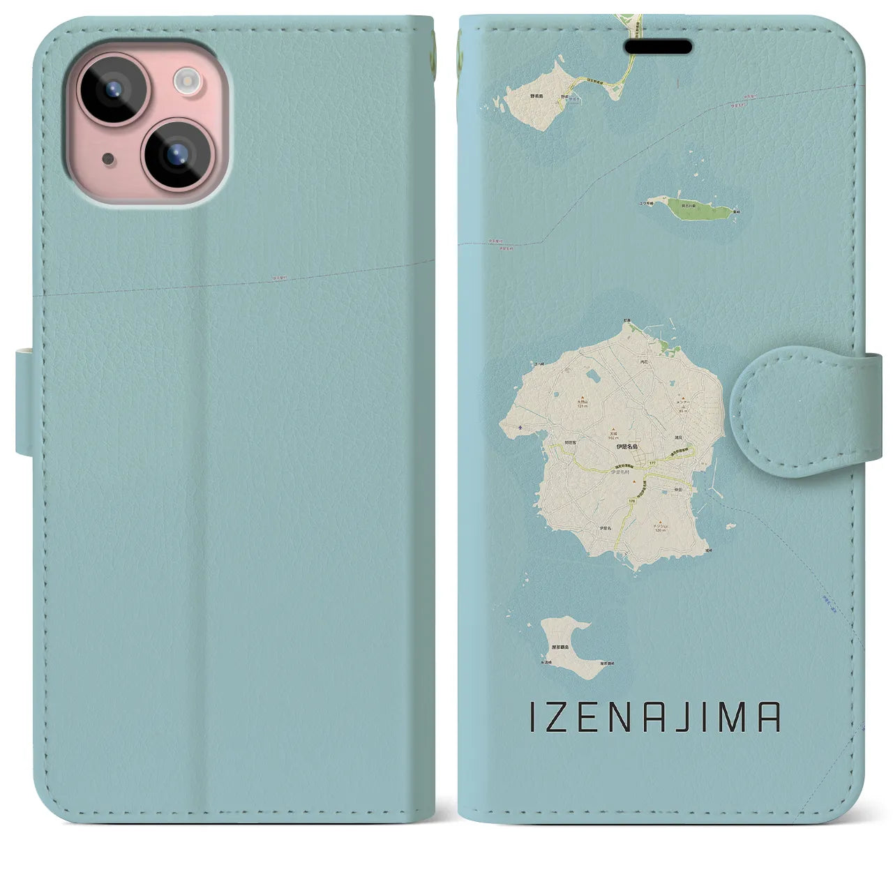 【伊是名島(沖縄県)】地図柄iPhoneケース(手帳タイプ)ナチュラル・iPhone 15 Plus 用